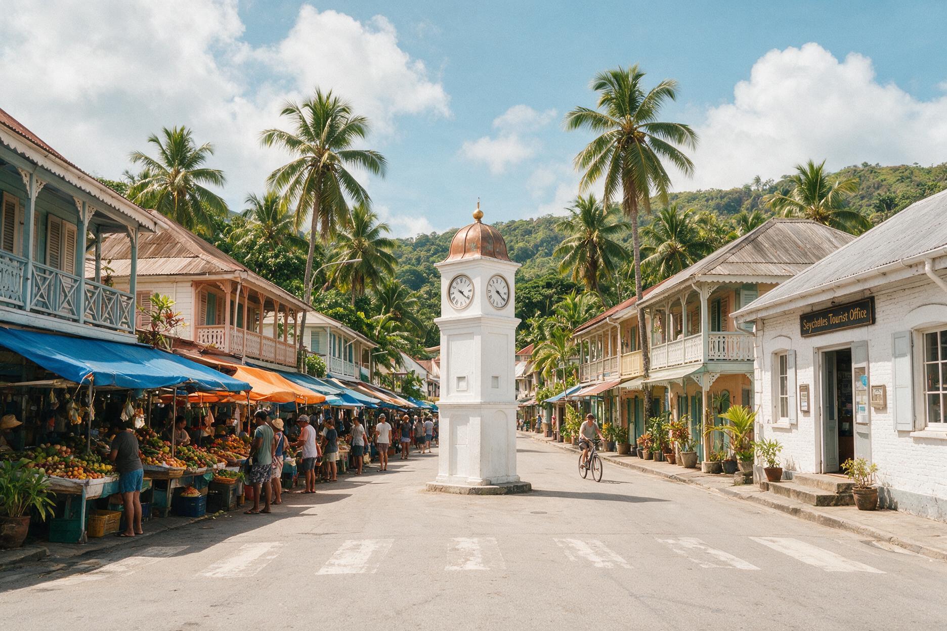 Victoria Seychelles clock tower and local market street scene