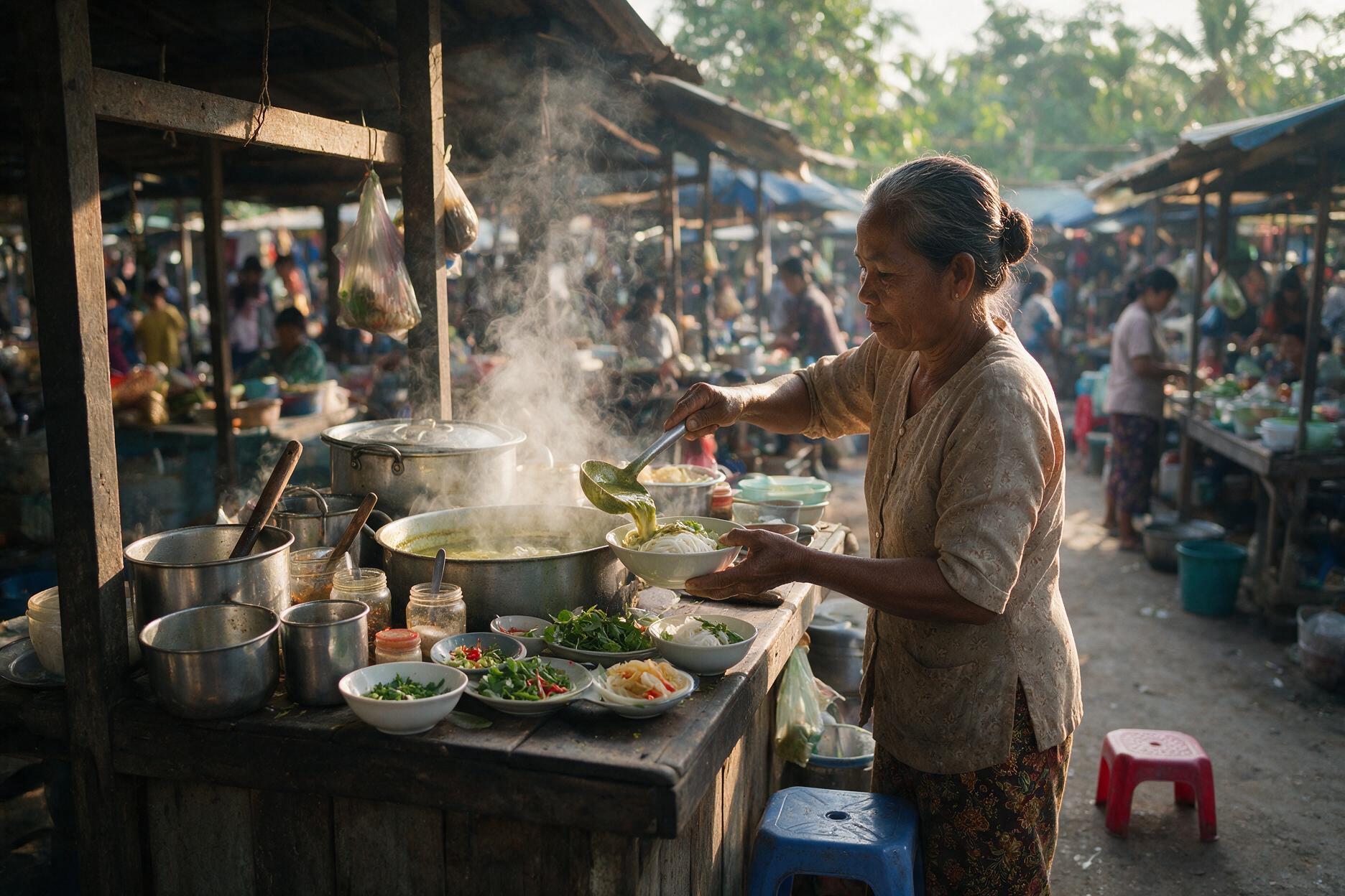 Local vendor serving num banh chok noodles at a market food stall in Siem Reap, Cambodia