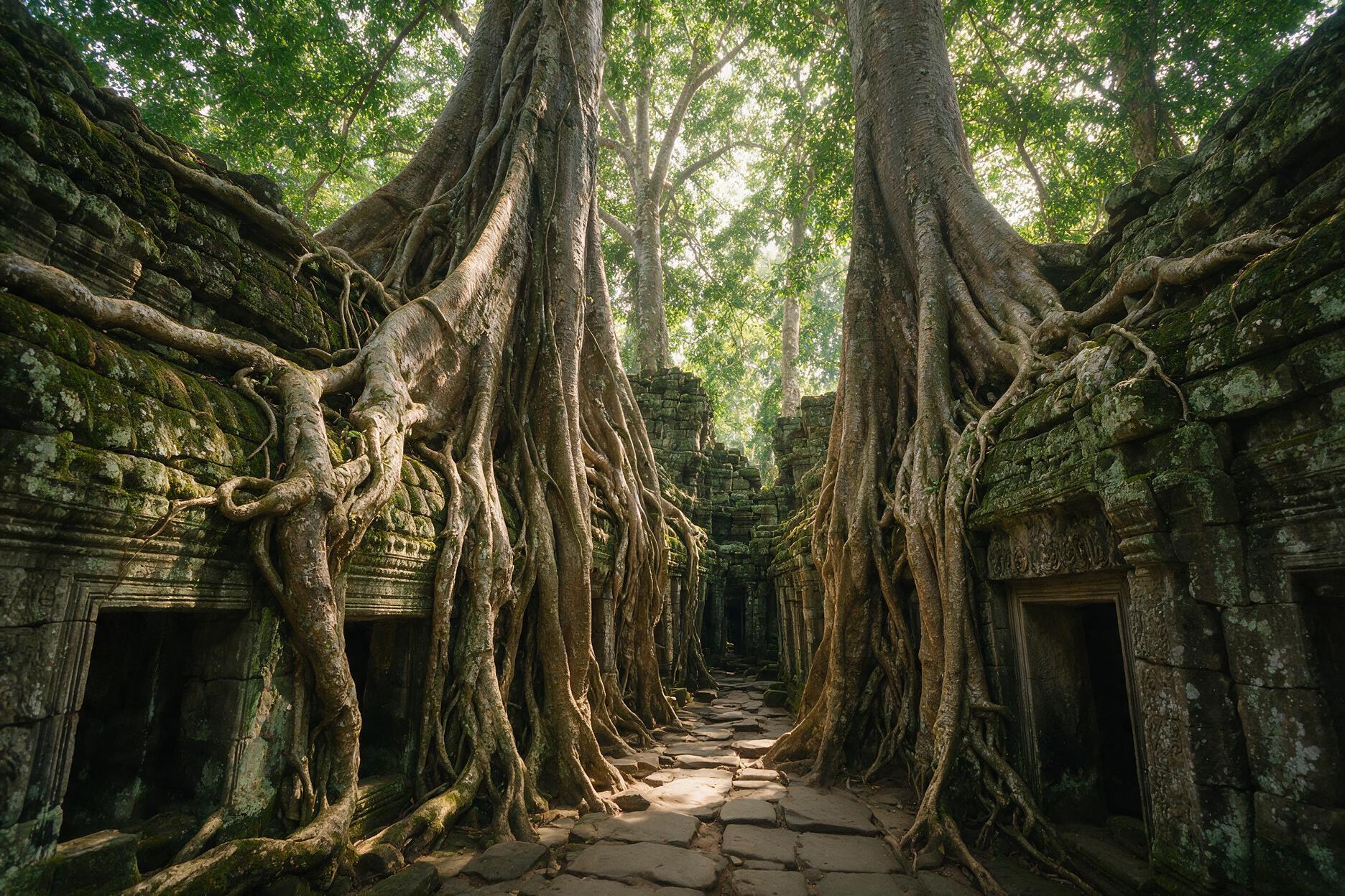 Ancient tree roots wrapped around a stone corridor at Ta Prohm temple near Siem Reap, Cambodia