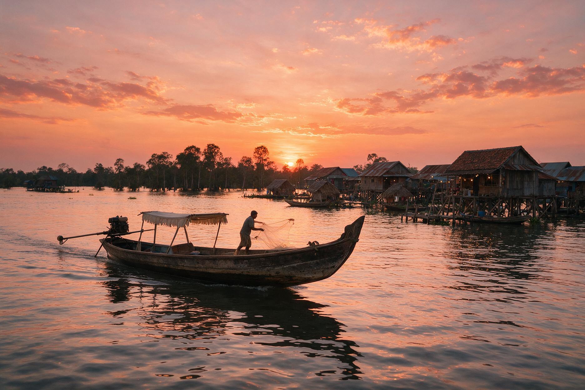 A wooden boat gliding past a stilt-house floating village on Tonle Sap lake near Siem Reap at sunset
