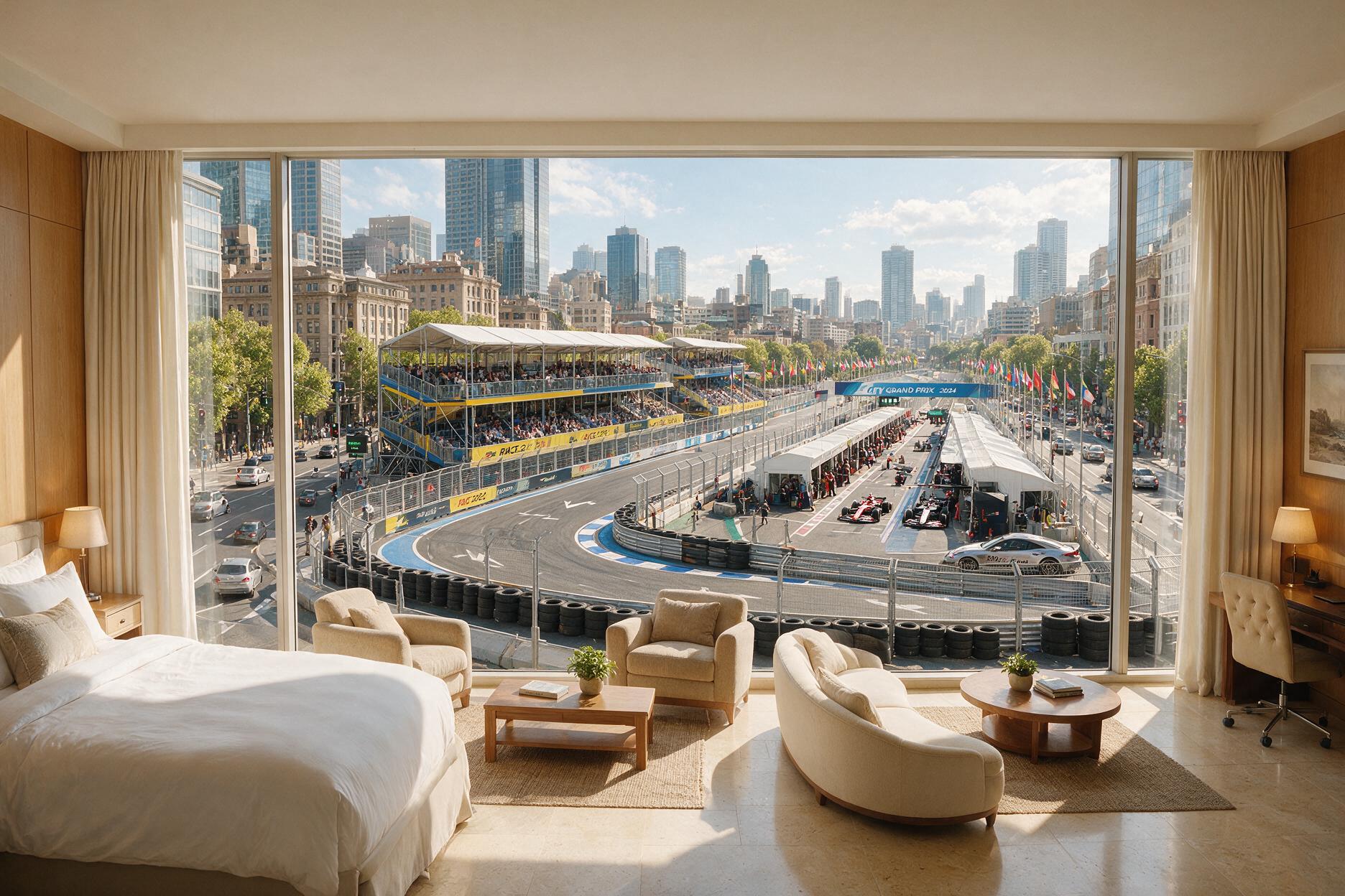Marina Bay hotel room overlooking Singapore F1 street circuit