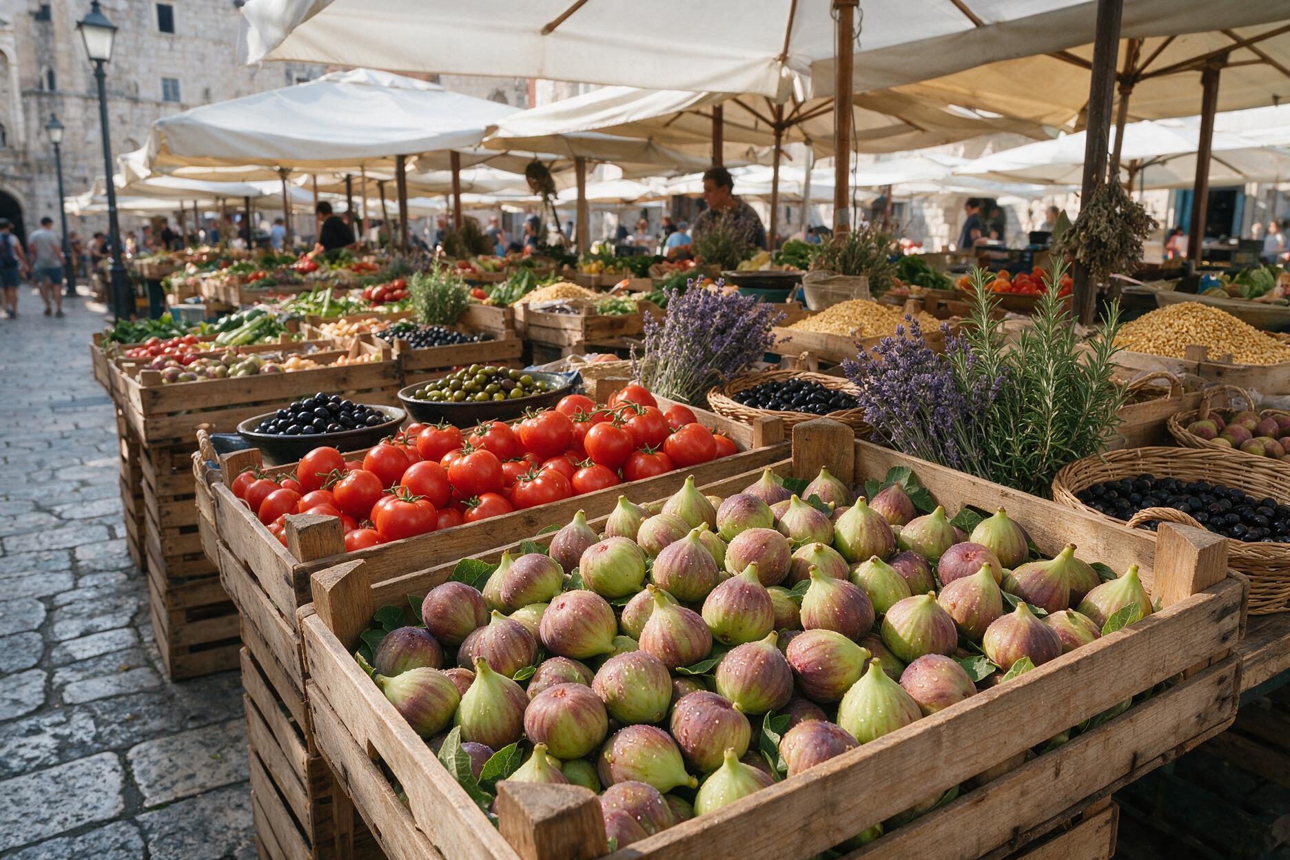 Wooden crates of fresh figs, tomatoes, and lavender at Split's Green Market Pazar