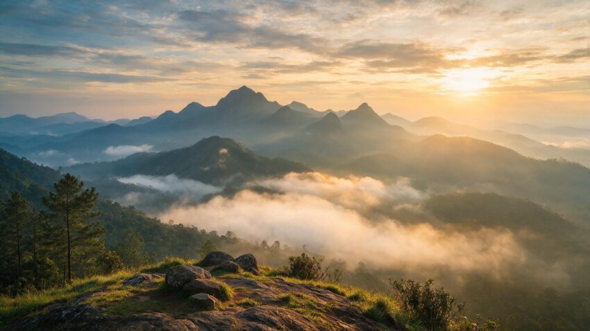 Misty highland peaks of the Knuckles mountain range in Sri Lanka at sunrise