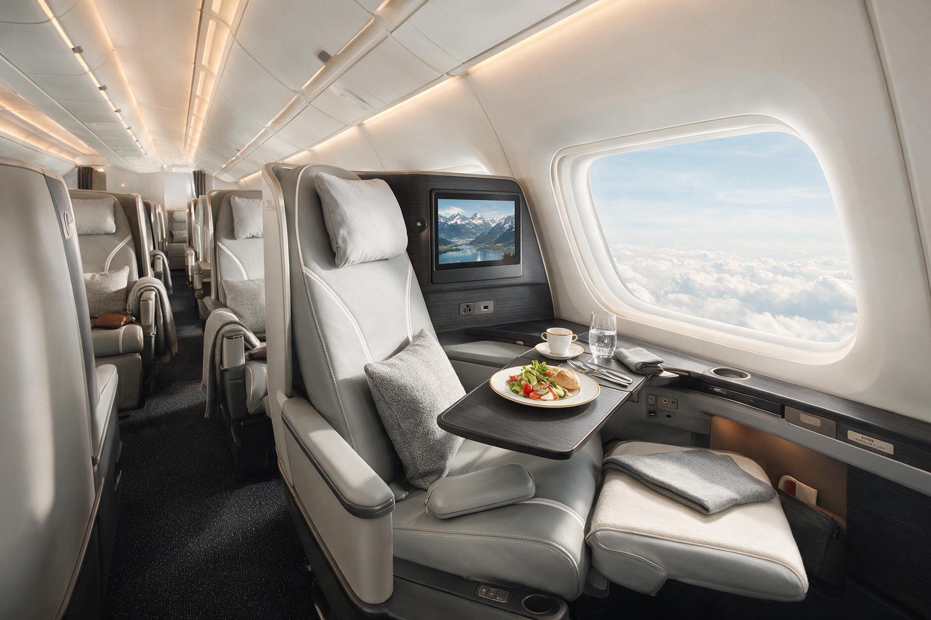 Premium business class cabin interior on a long-haul flight to Switzerland