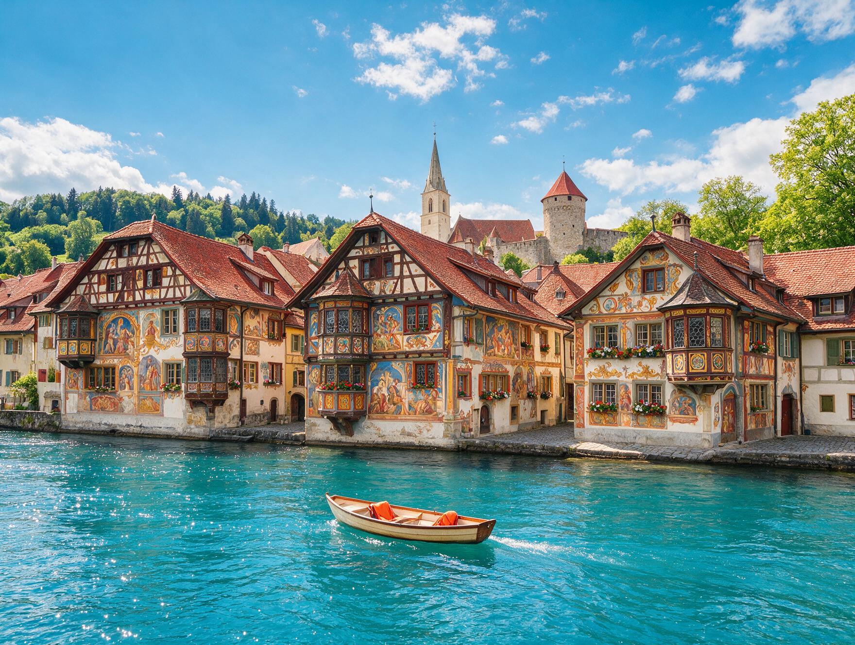 Medieval frescoed buildings in Stein am Rhein, Switzerland, seen from the Rhine