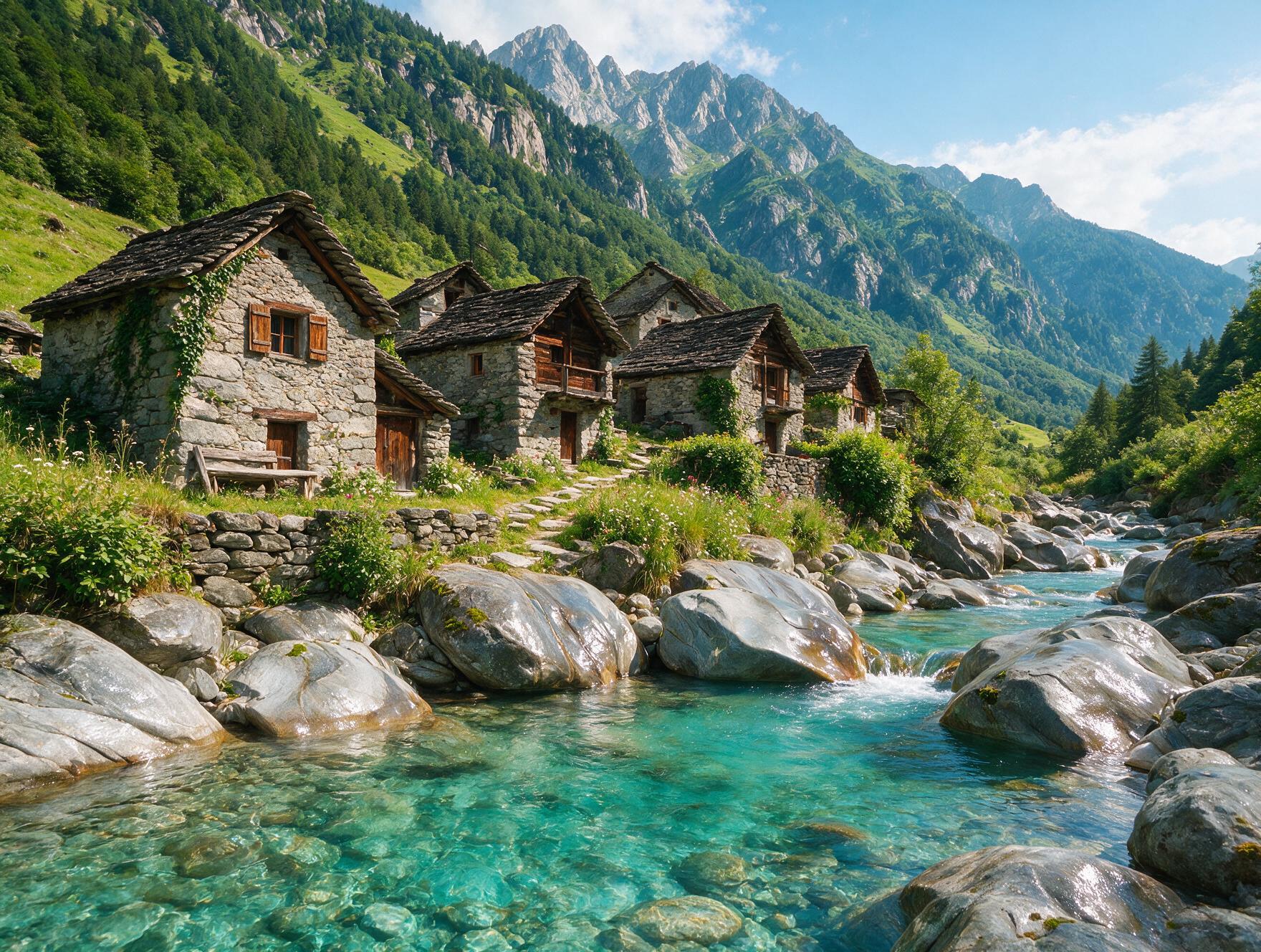 Stone hamlet beside a turquoise river in Val Bavona, Ticino, Switzerland