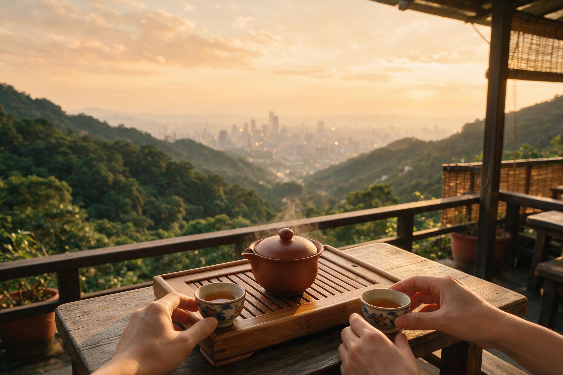 Gongfu tea ceremony overlooking Taipei from a Maokong hillside tea house