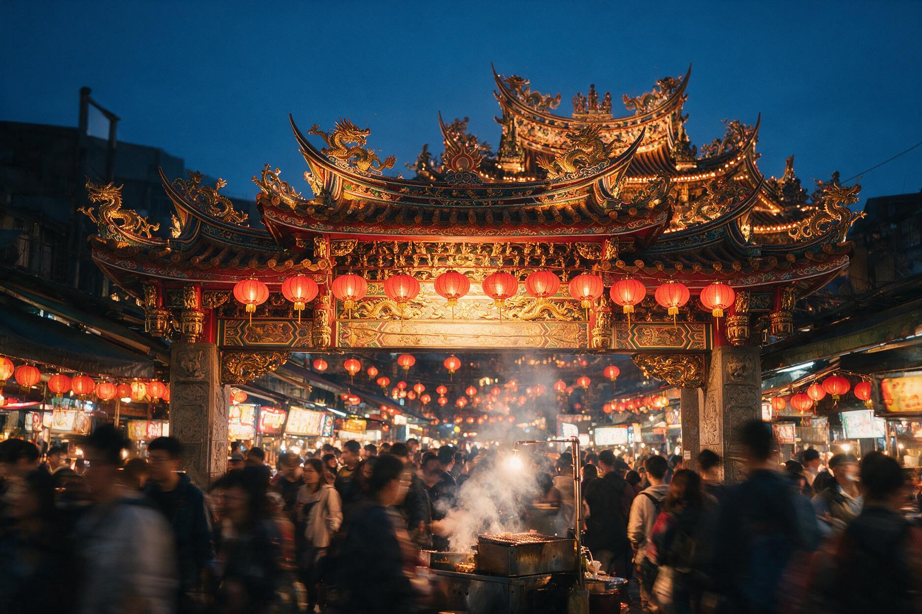 Entrance to Raohe Street Night Market in Taipei at dusk