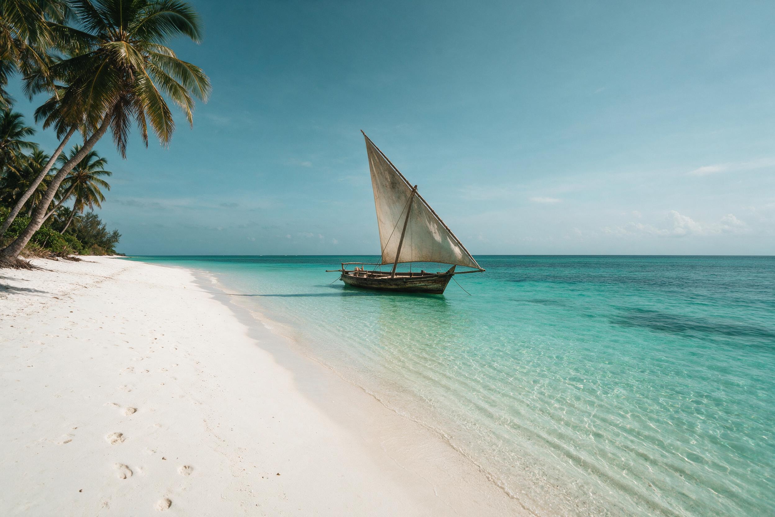 Traditional dhow sailboat anchored off a white sand beach in Zanzibar, Tanzania