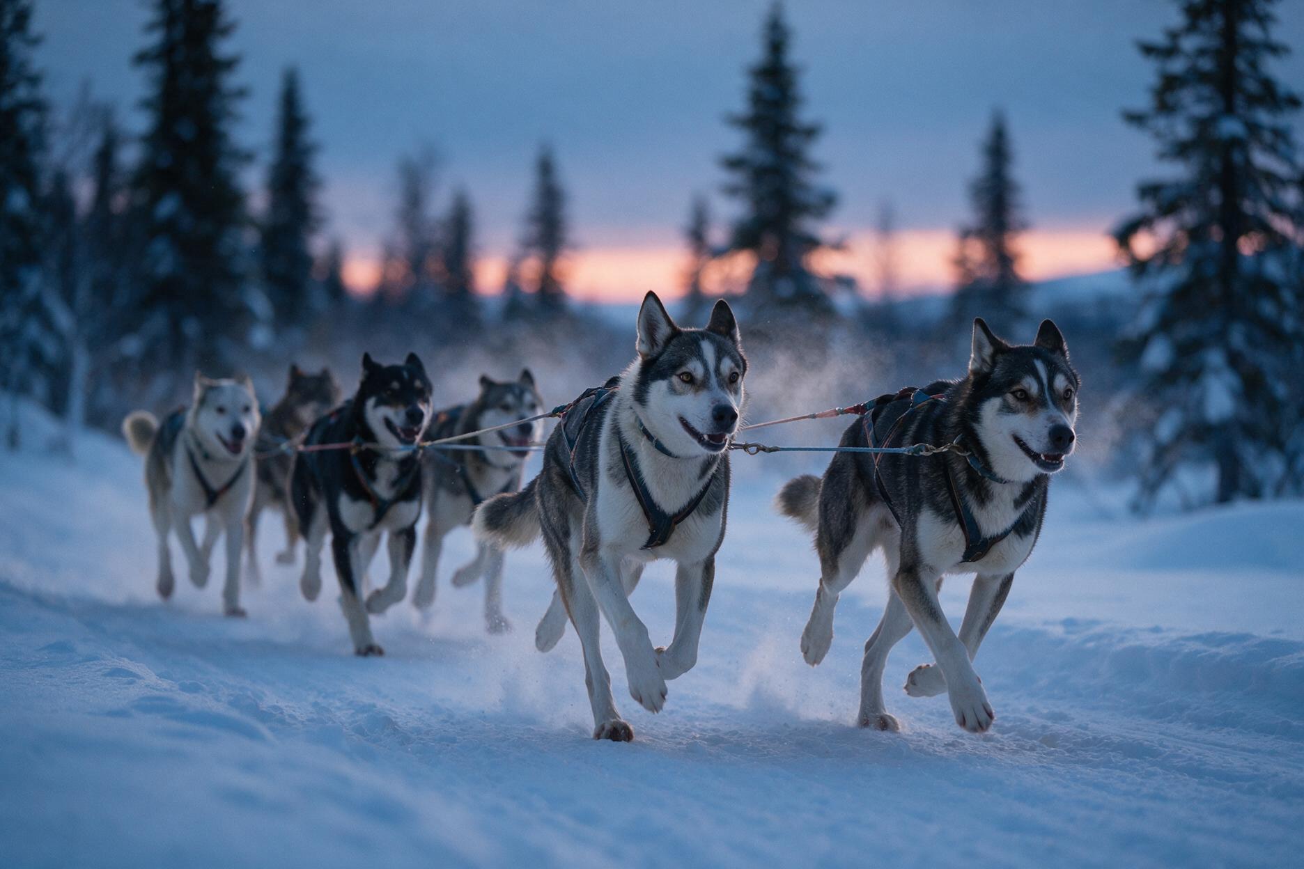 Alaskan husky dog sledding team running through snow near Tromsø at dusk