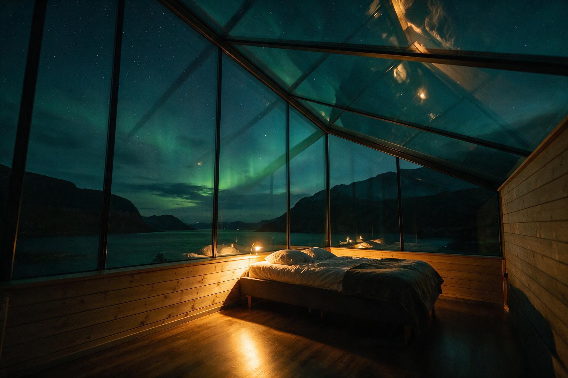 Glass-roof aurora cabin interior with Northern Lights visible through the ceiling near Tromsø