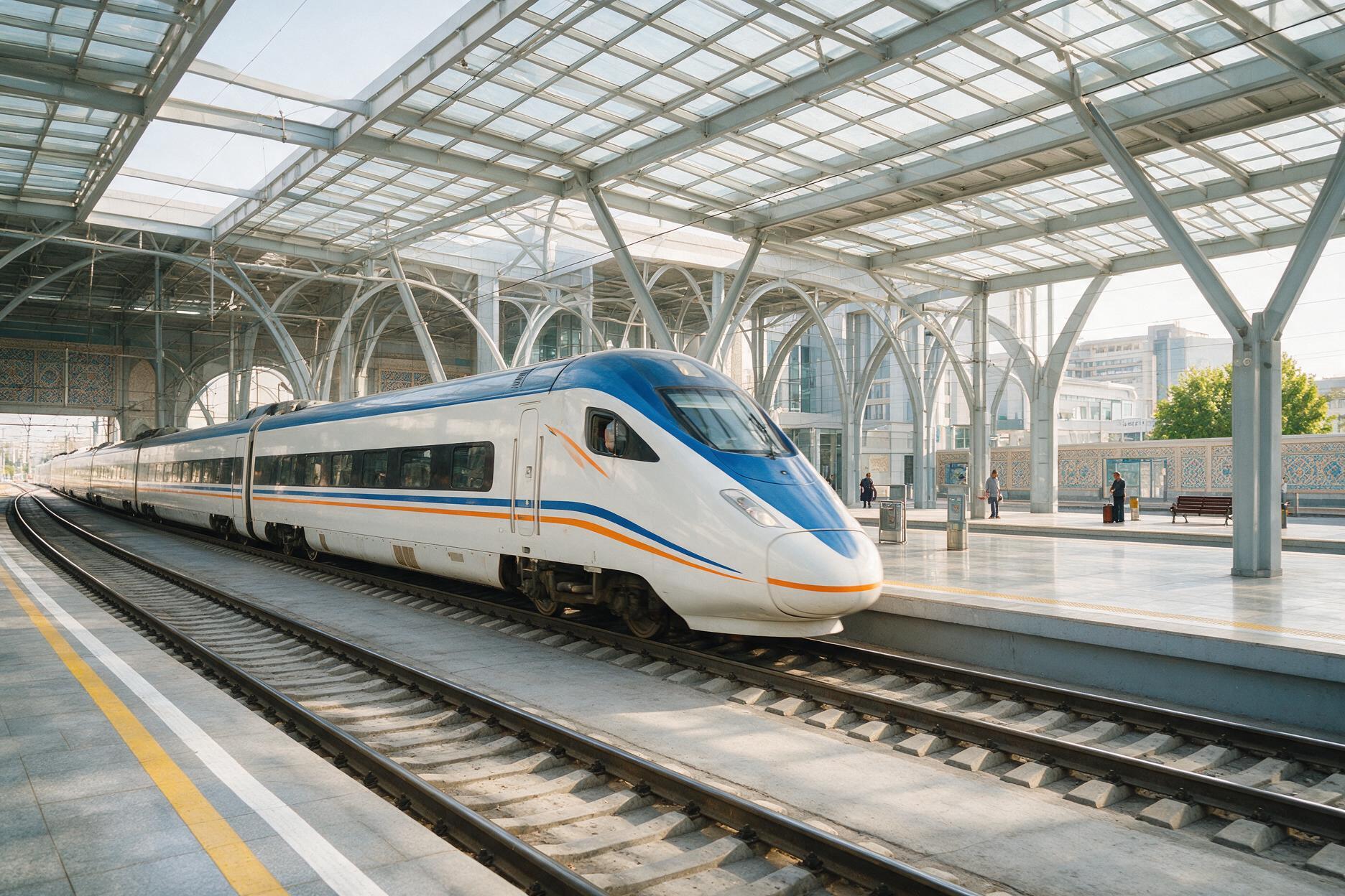 Afrosiyob high-speed train at a Tashkent railway platform, Uzbekistan