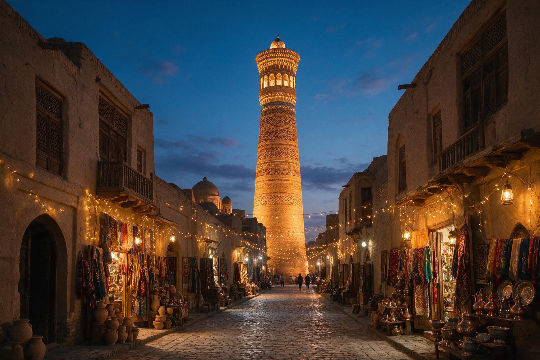 Old city street in Bukhara, Uzbekistan with the Kalyan Minaret lit at dusk