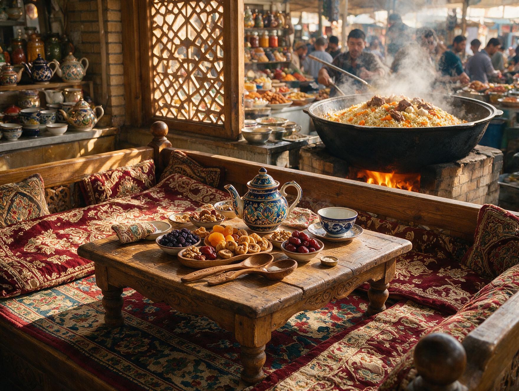 Traditional Uzbek chaikhana tea house with plov cooking in the background