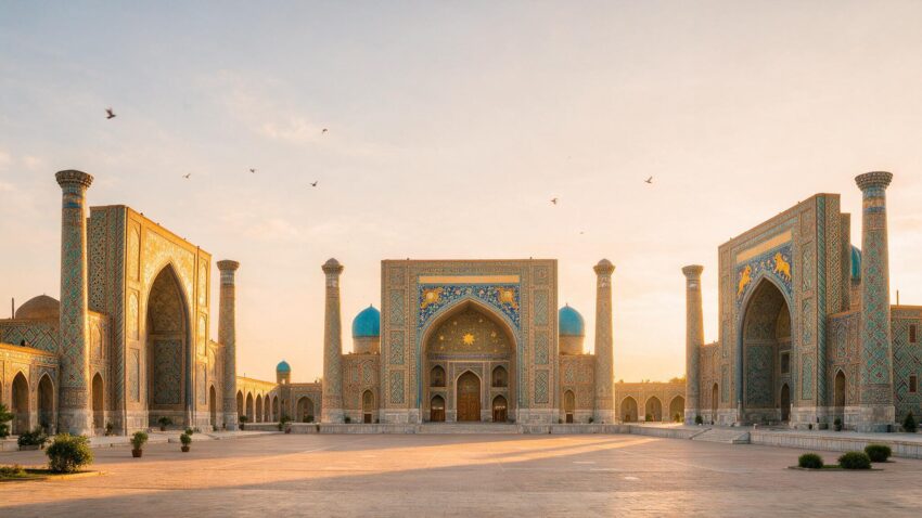 Registan Square in Samarkand, Uzbekistan at golden dawn light with empty grounds