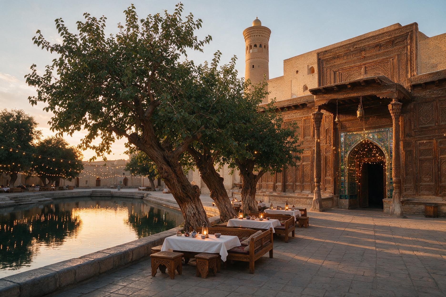 Lyab-i-Hauz pond square in Bukhara at golden hour, framed by mulberry trees and a carved madrasah facade