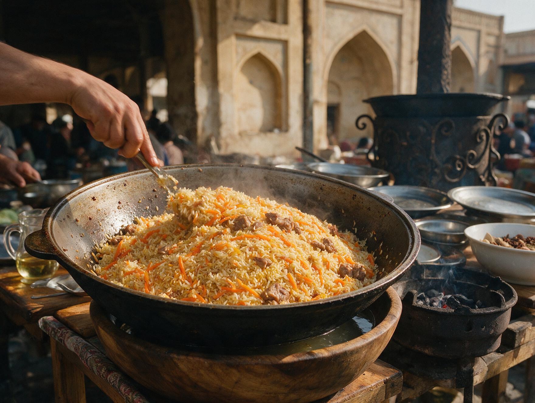 Traditional Uzbek plov cooking in a large kazan pot at a local market