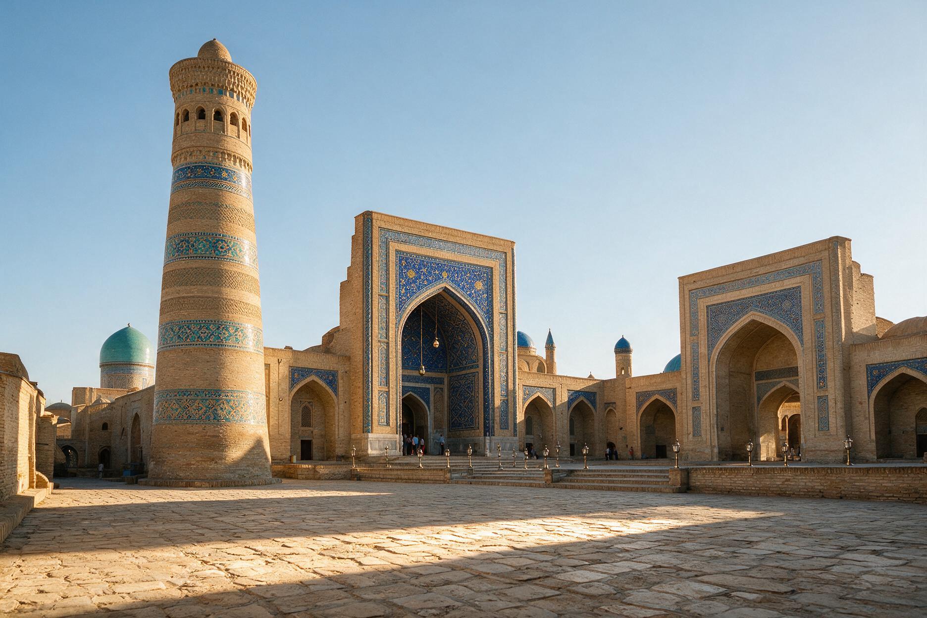 Poi-Kalyan ensemble in Bukhara with the tall blue-tiled Kalyan Minaret beside the Kalyan Mosque