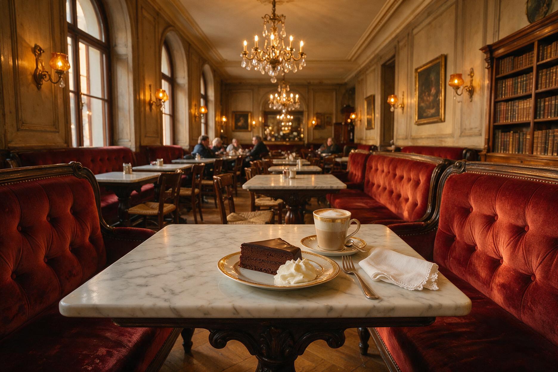Classic Viennese coffeehouse interior with velvet booths and Sachertorte