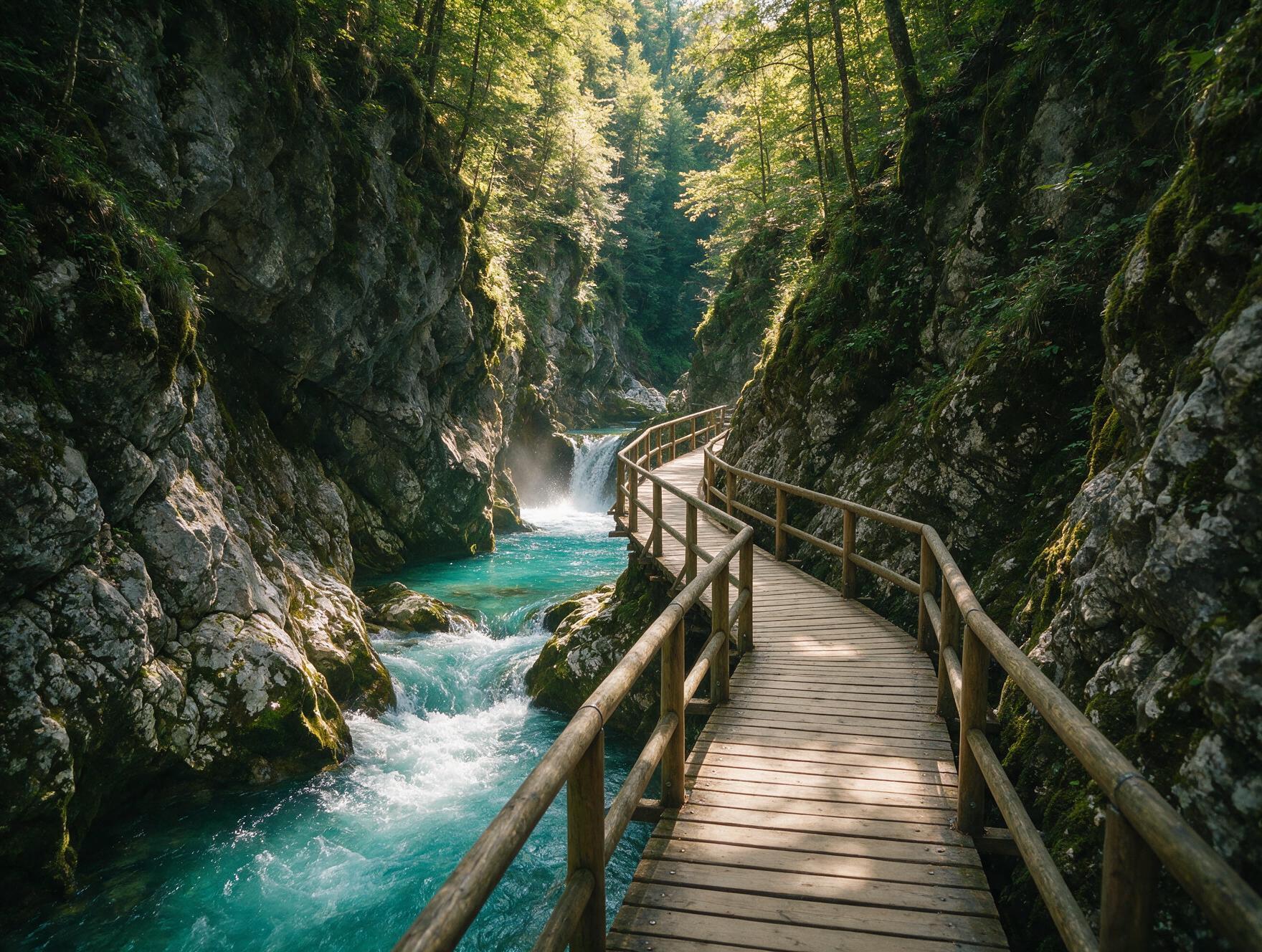 Wooden walkway suspended above the turquoise river in Vintgar Gorge, Slovenia