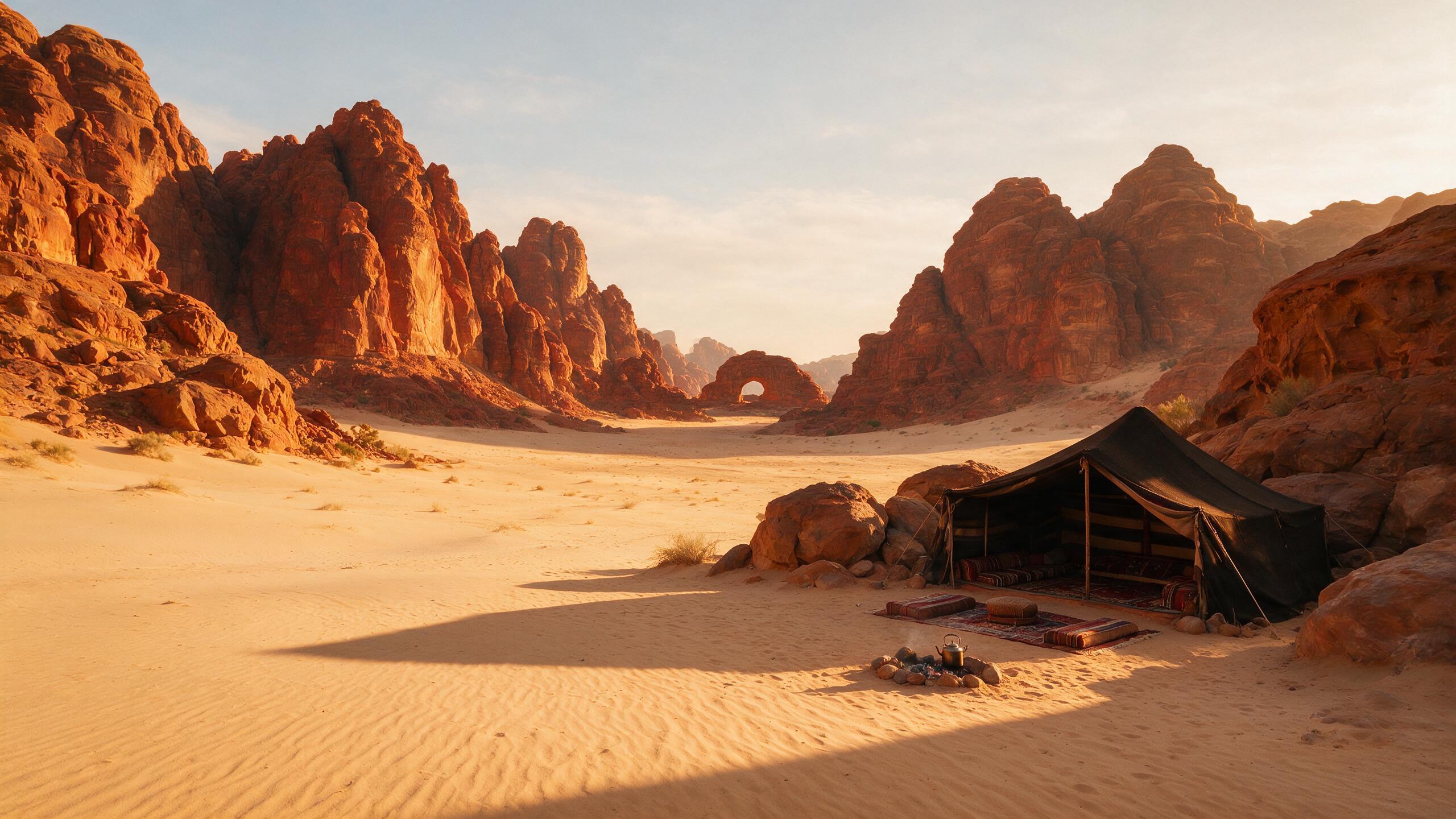 Quiet Wadi Rum desert camp at sunset away from the crowded tourist zone