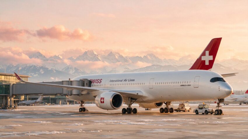 SWISS Airbus A350 aircraft at Zurich Airport with the Alps in the background