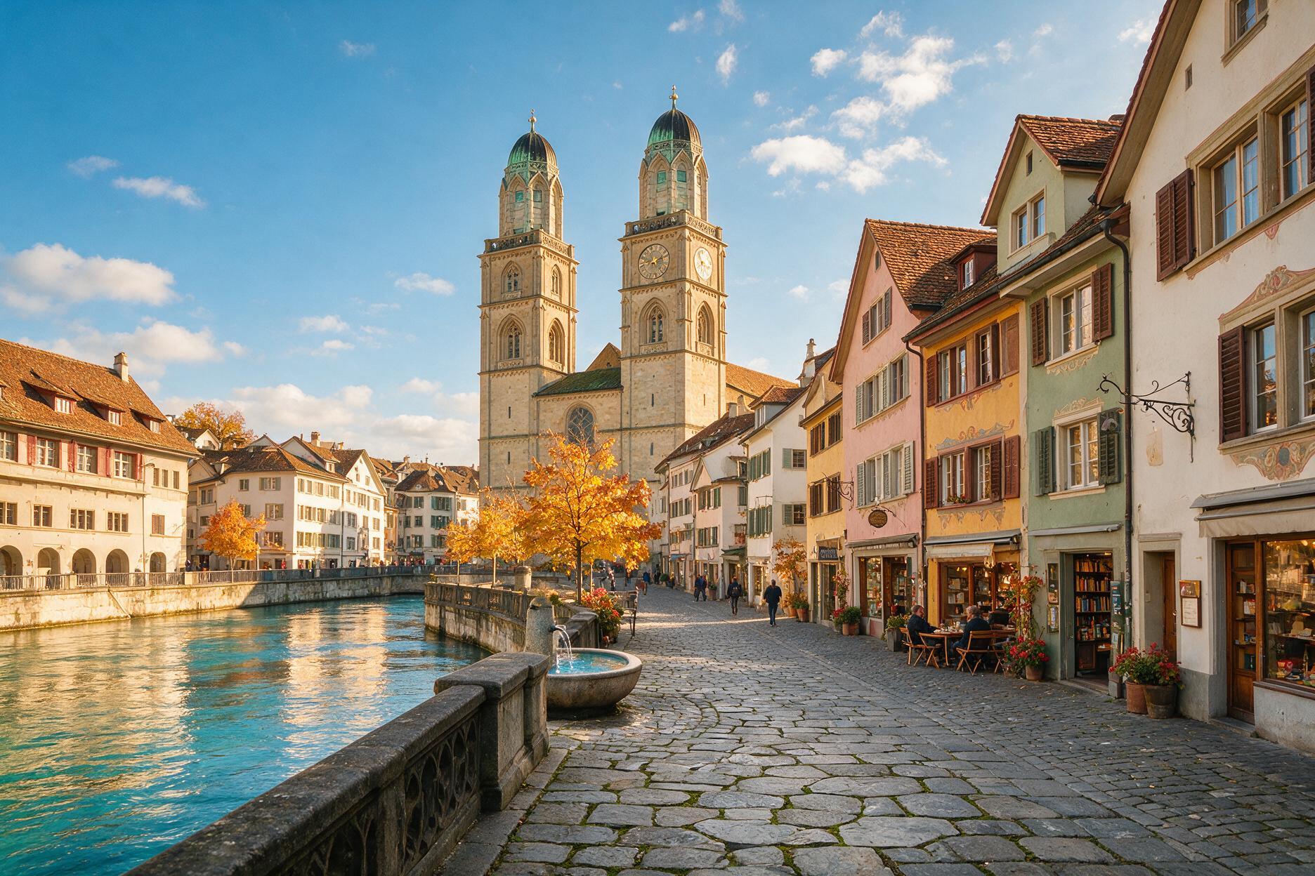 Zurich Old Town along the Limmat river with Grossmunster's twin towers