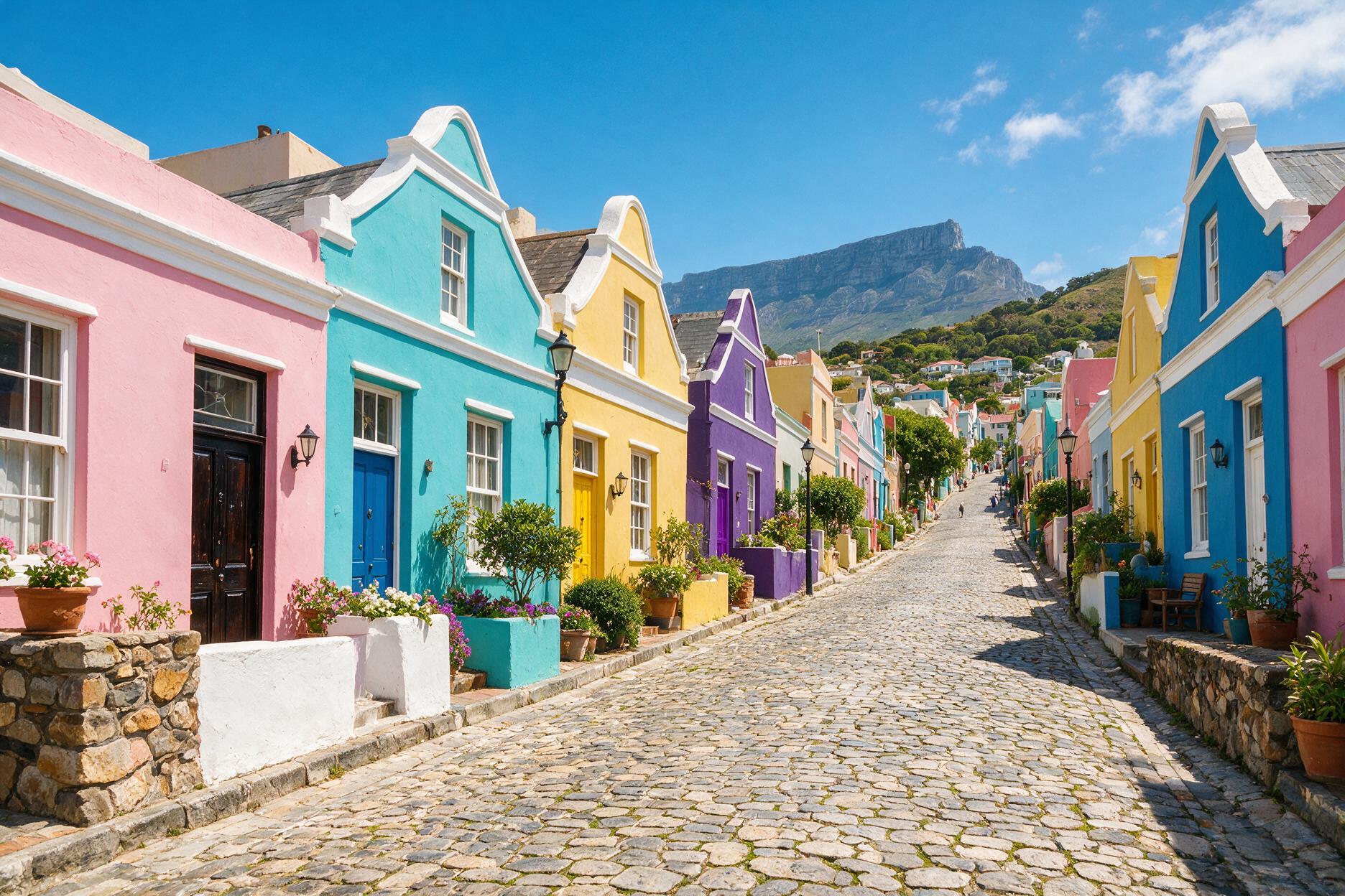 Colorful painted houses on a cobbled street in Bo-Kaap, Cape Town