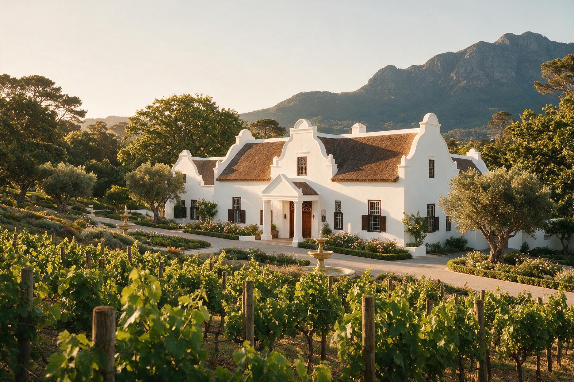 Cape Dutch wine estate manor house among vineyards in the Constantia winelands near Cape Town