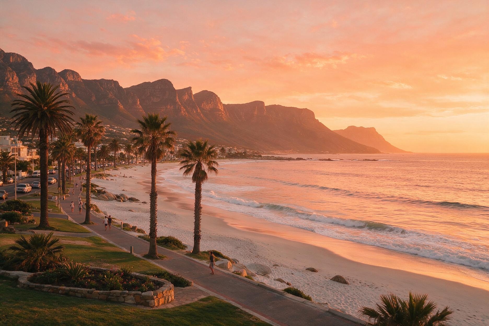 Sunset over Camps Bay beach with the Twelve Apostles mountains in Cape Town, South Africa