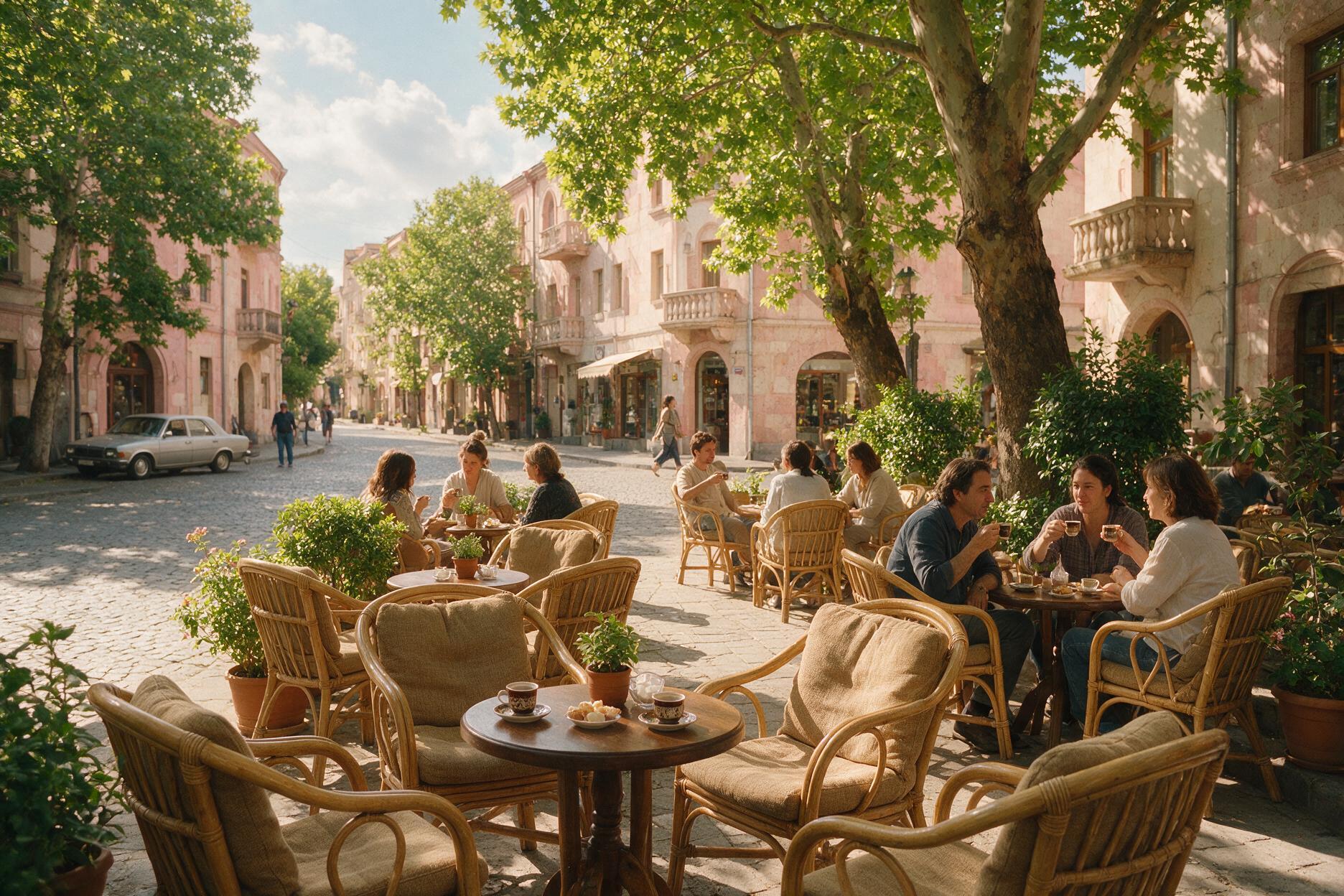 Outdoor cafe street scene in Yerevan with people sipping Armenian coffee in the evening
