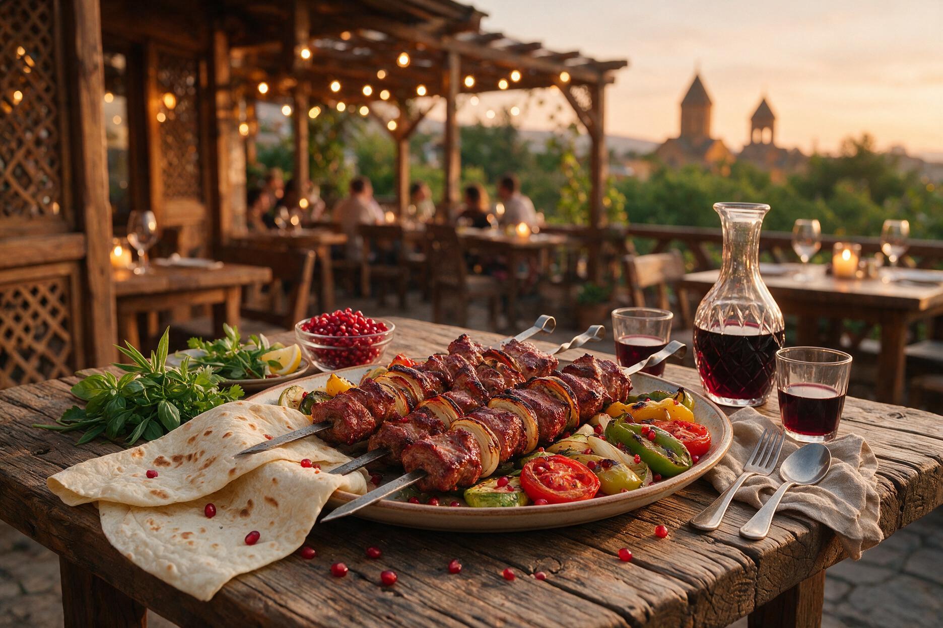 Armenian khorovats barbecue spread with lavash, grilled skewers, and wine on a restaurant table