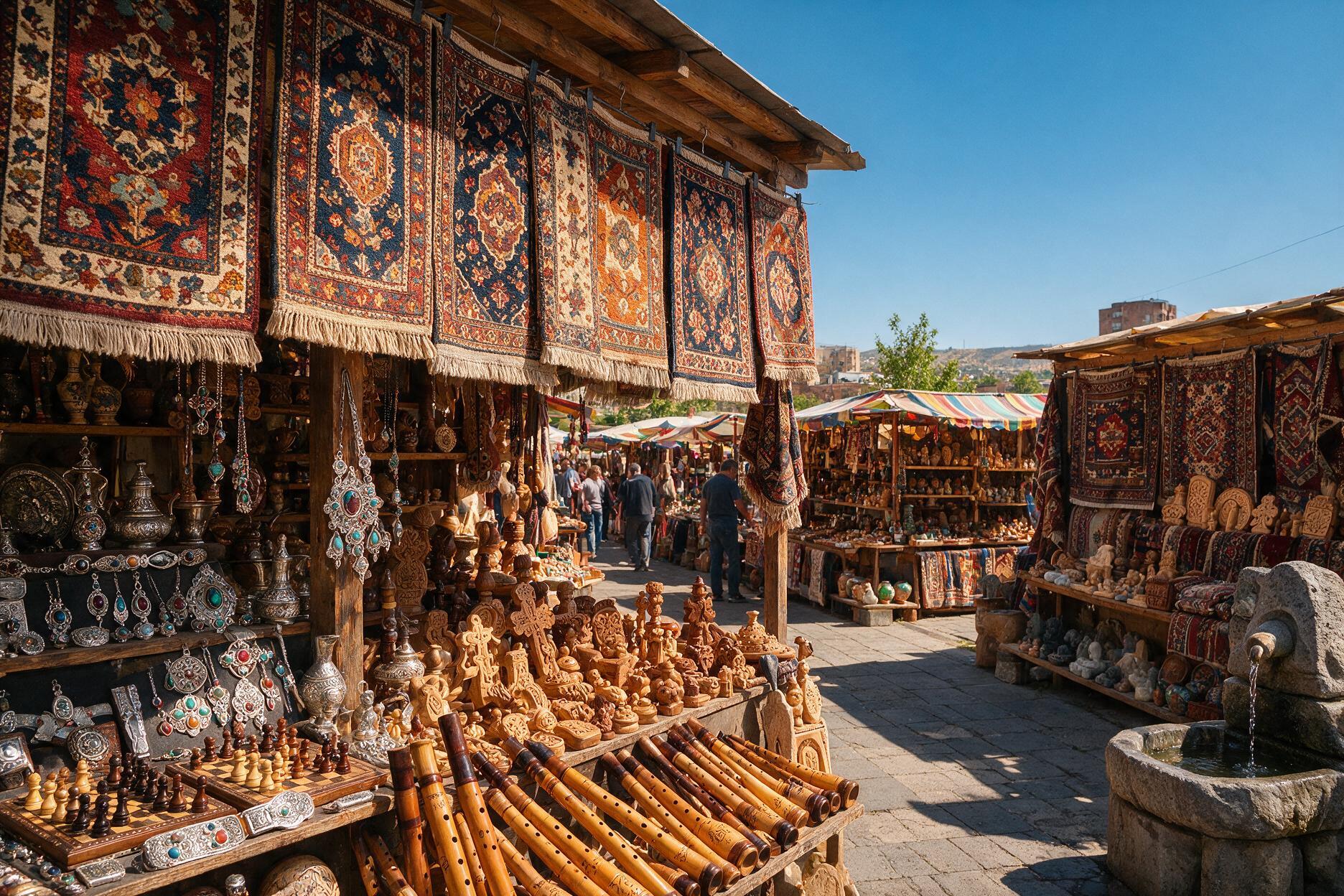 Open-air stalls at Vernissage Market in Yerevan with carpets, carved wood, and jewelry