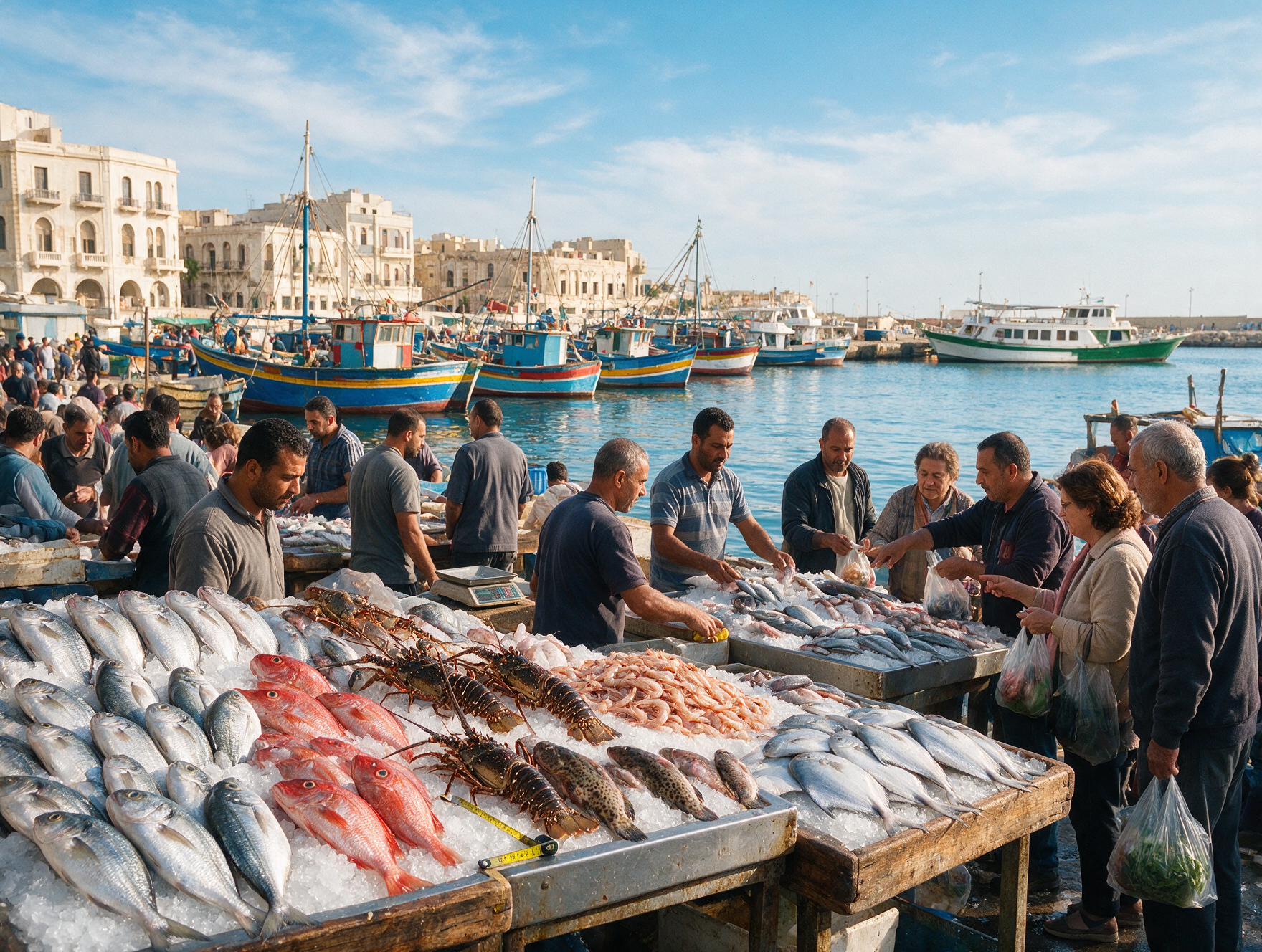 Fresh catch and fishing boats at Anfushi fish market in Alexandria
