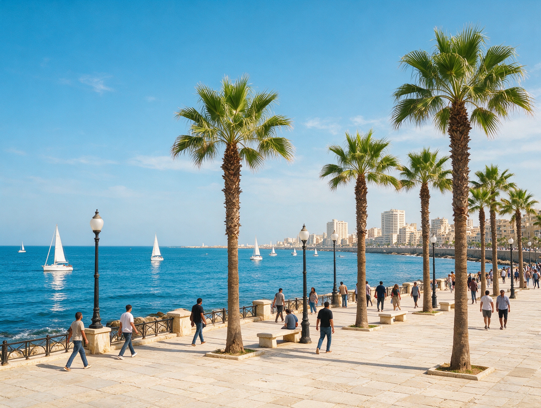 Alexandria Corniche waterfront promenade Egypt with Mediterranean sea view