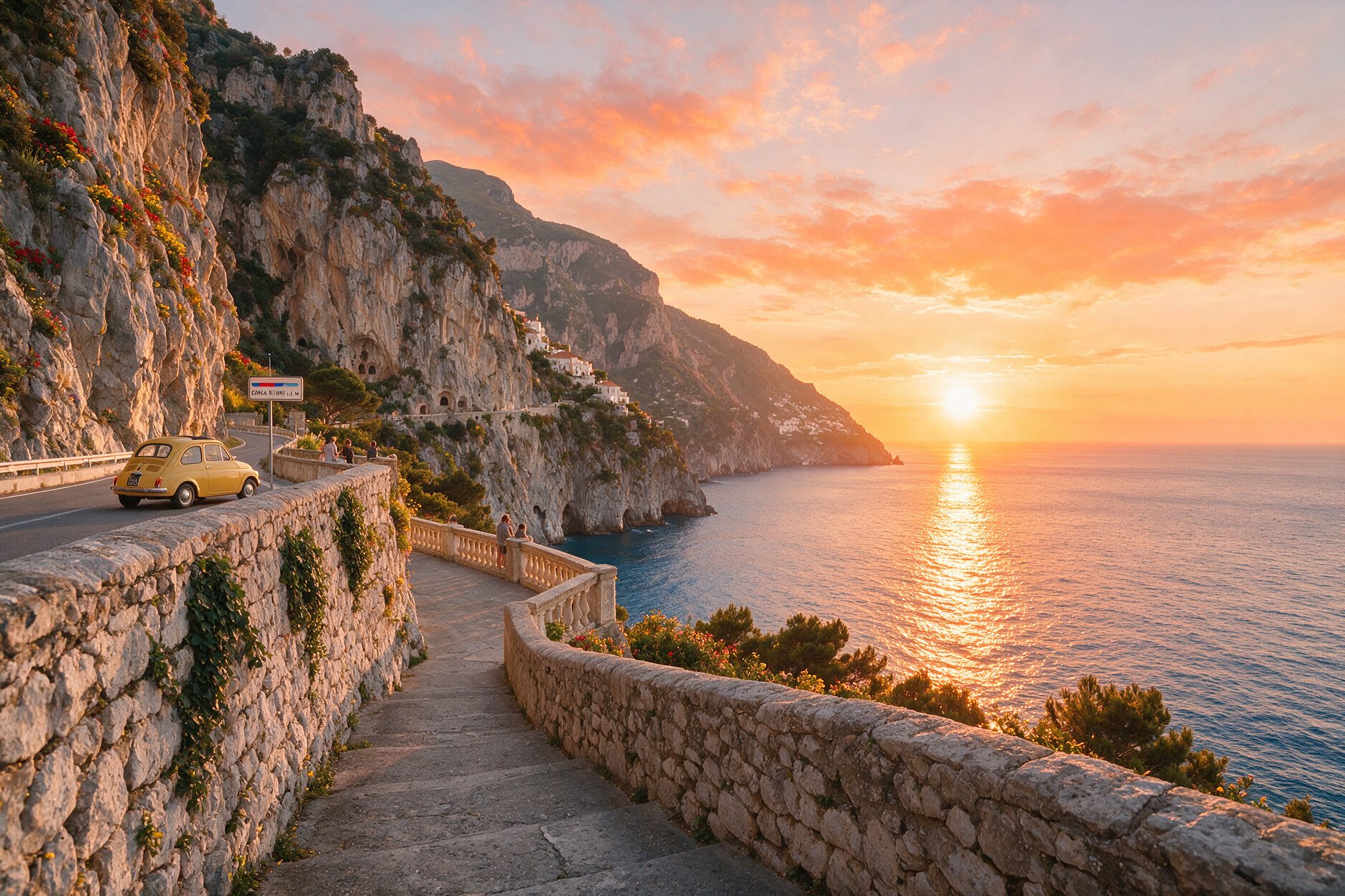 The Conca dei Marini viewpoint on the Amalfi Coast road at sunset, overlooking the Tyrrhenian Sea