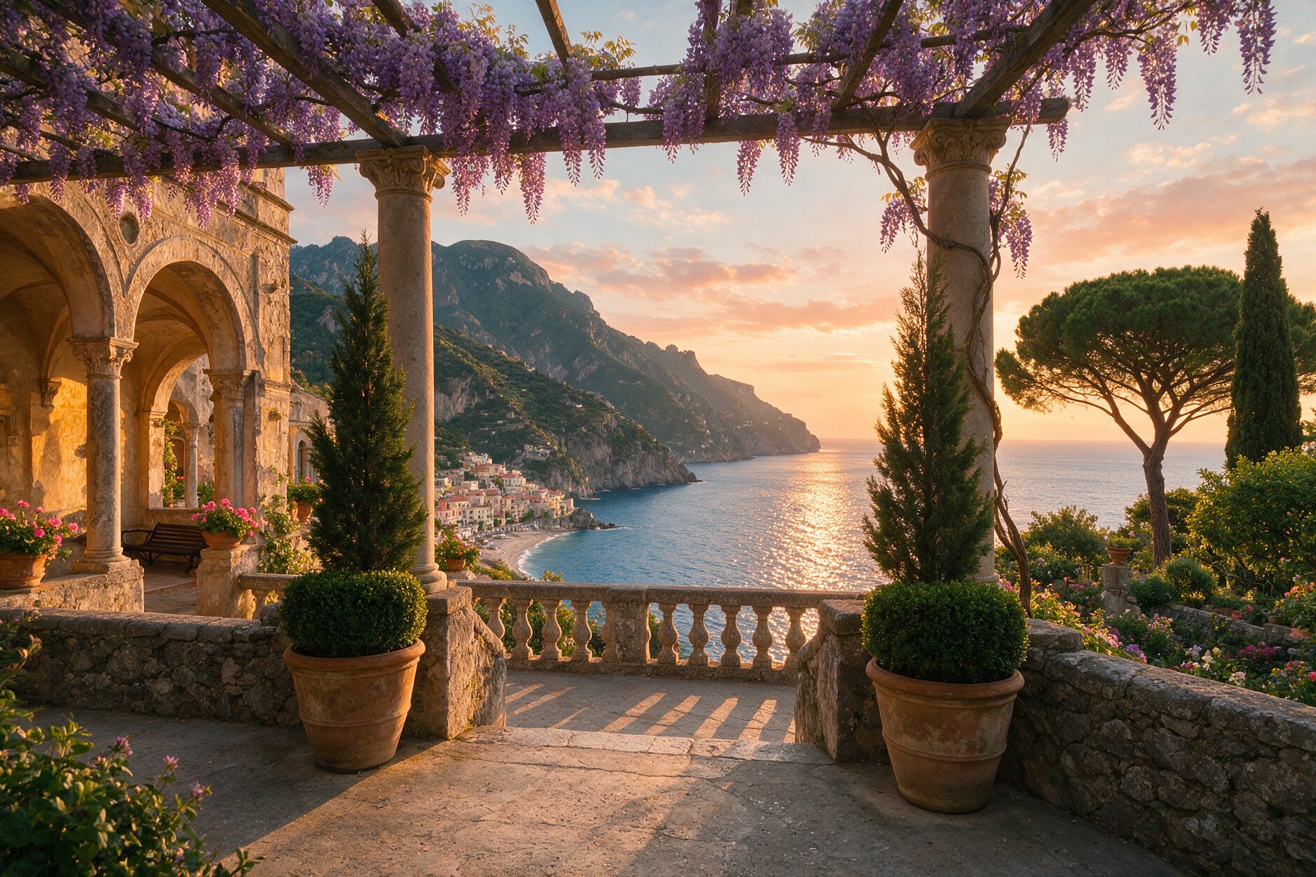 Villa Rufolo gardens in Ravello at sunset, with a terrace overlooking the Amalfi Coast