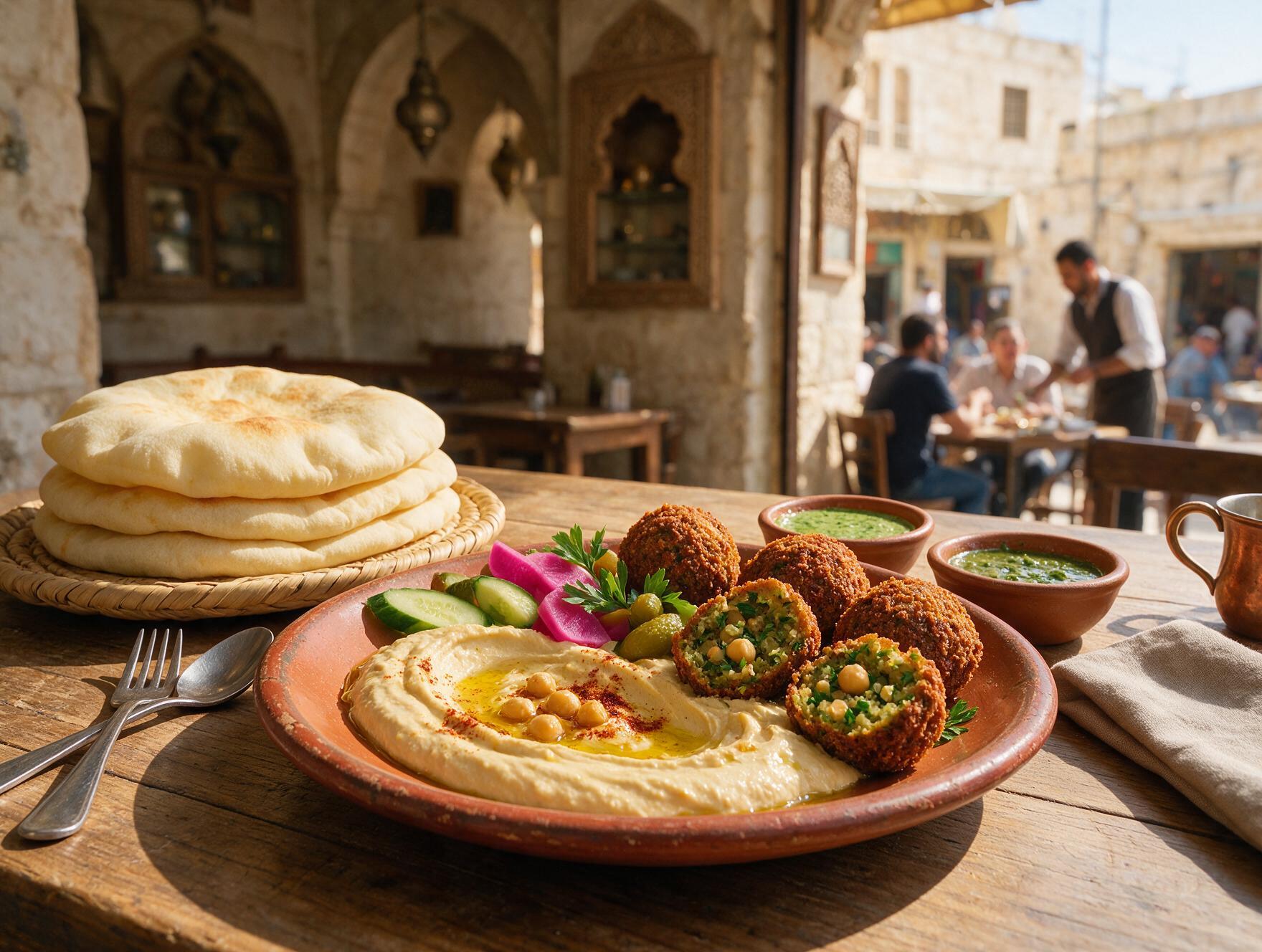 Falafel and hummus plate with fresh bread, a staple of Amman's downtown food trail