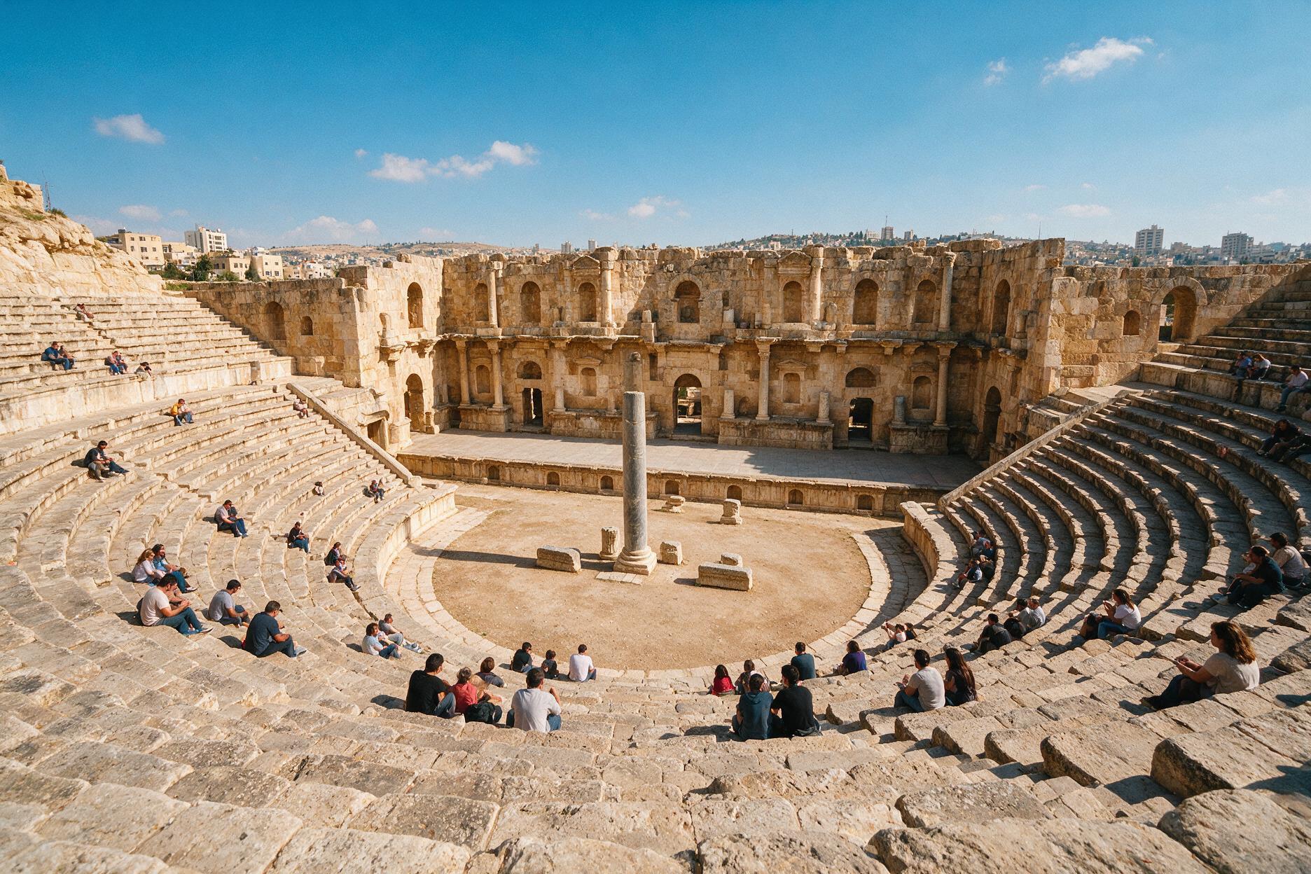 Ancient Roman Theatre carved into a hillside in Amman, Jordan