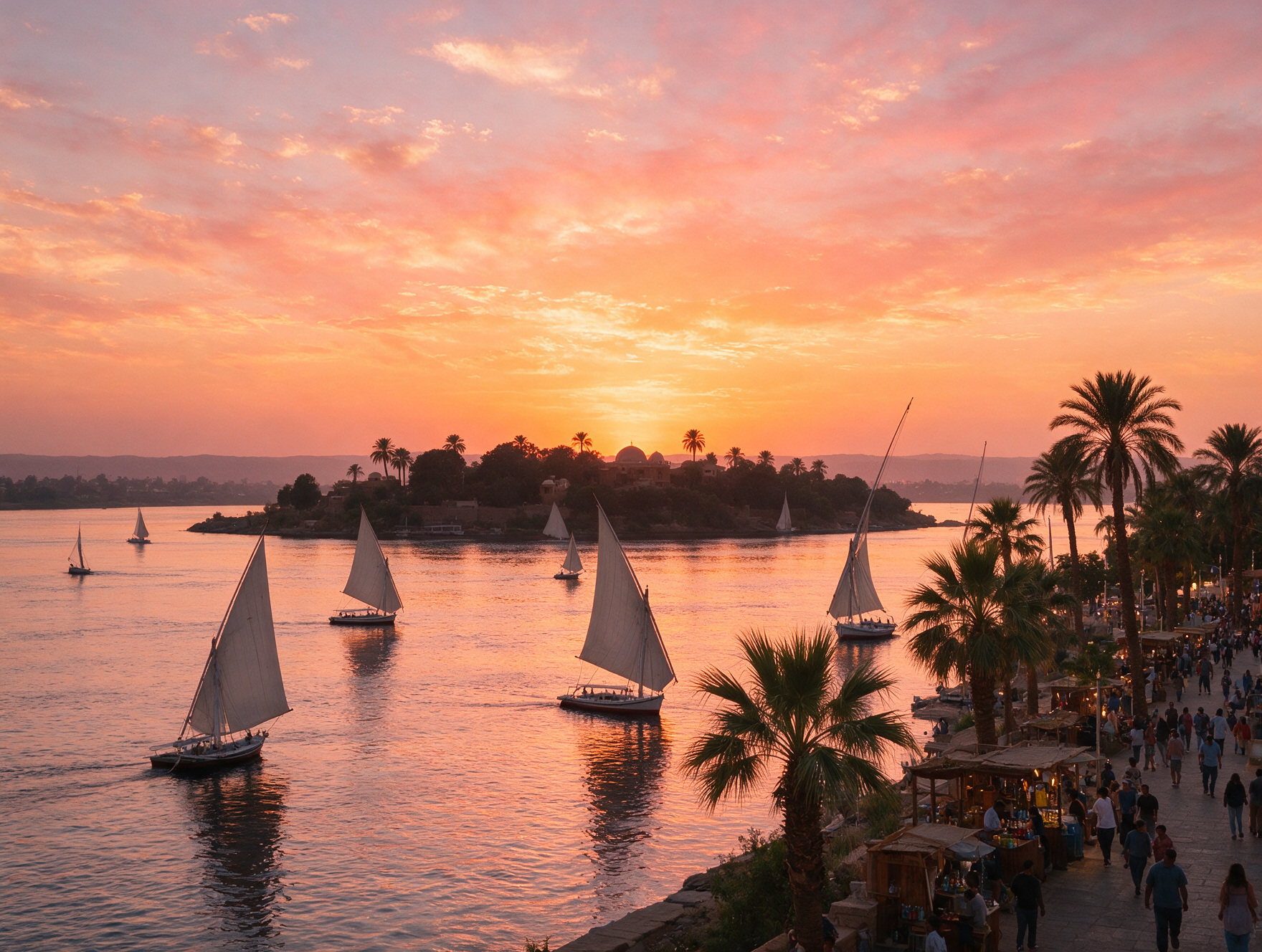 Aswan Corniche at sunset with feluccas on the Nile and Elephantine Island in background