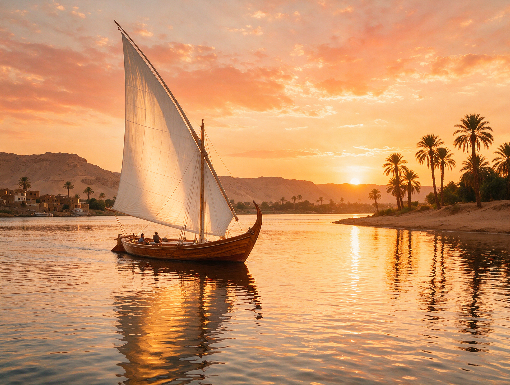 Felucca traditional sailboat on the Nile River near Aswan Egypt at sunset