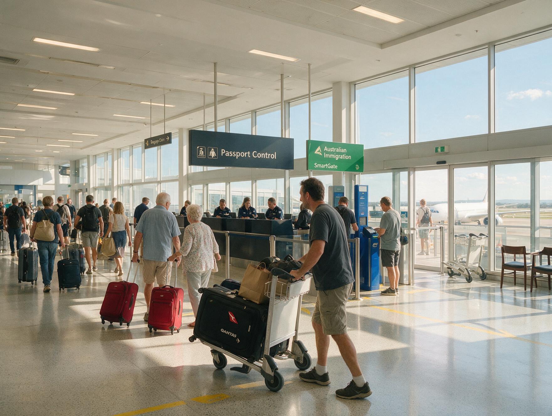 Modern airport arrivals hall with passport control signage in Australia
