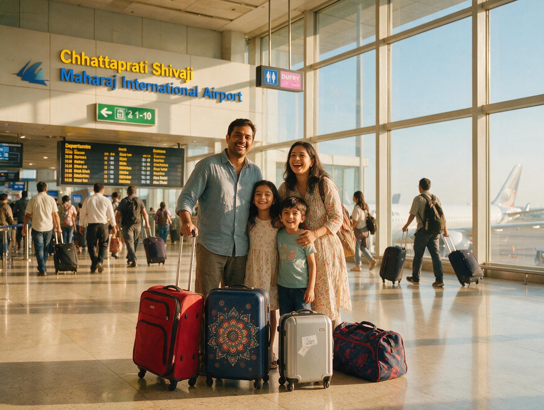 Indian family with suitcases smiling at the airport departure gate before their Australia trip