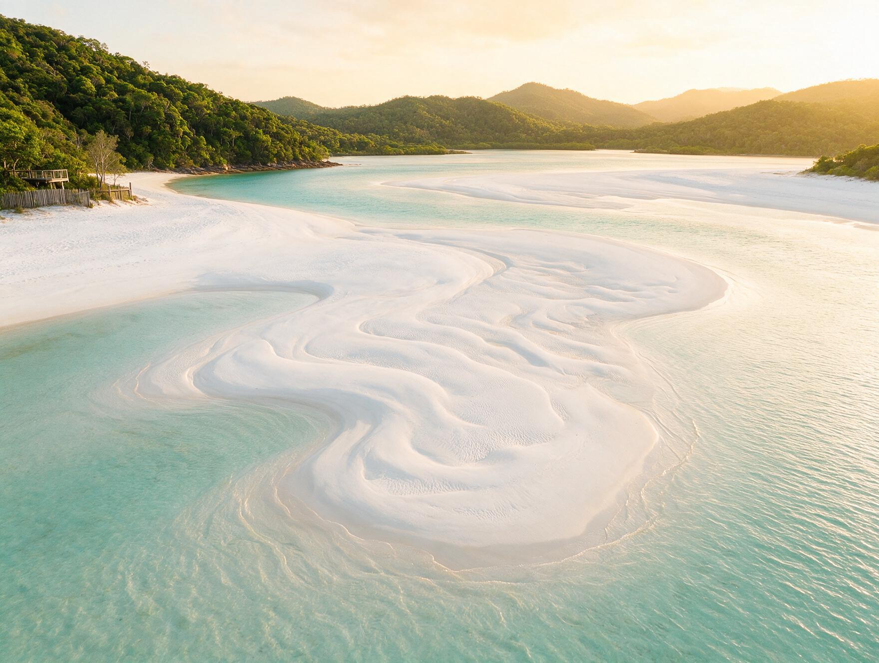 Aerial view of swirling white sand and turquoise water at Hill Inlet lookout near Whitehaven Beach at golden hour