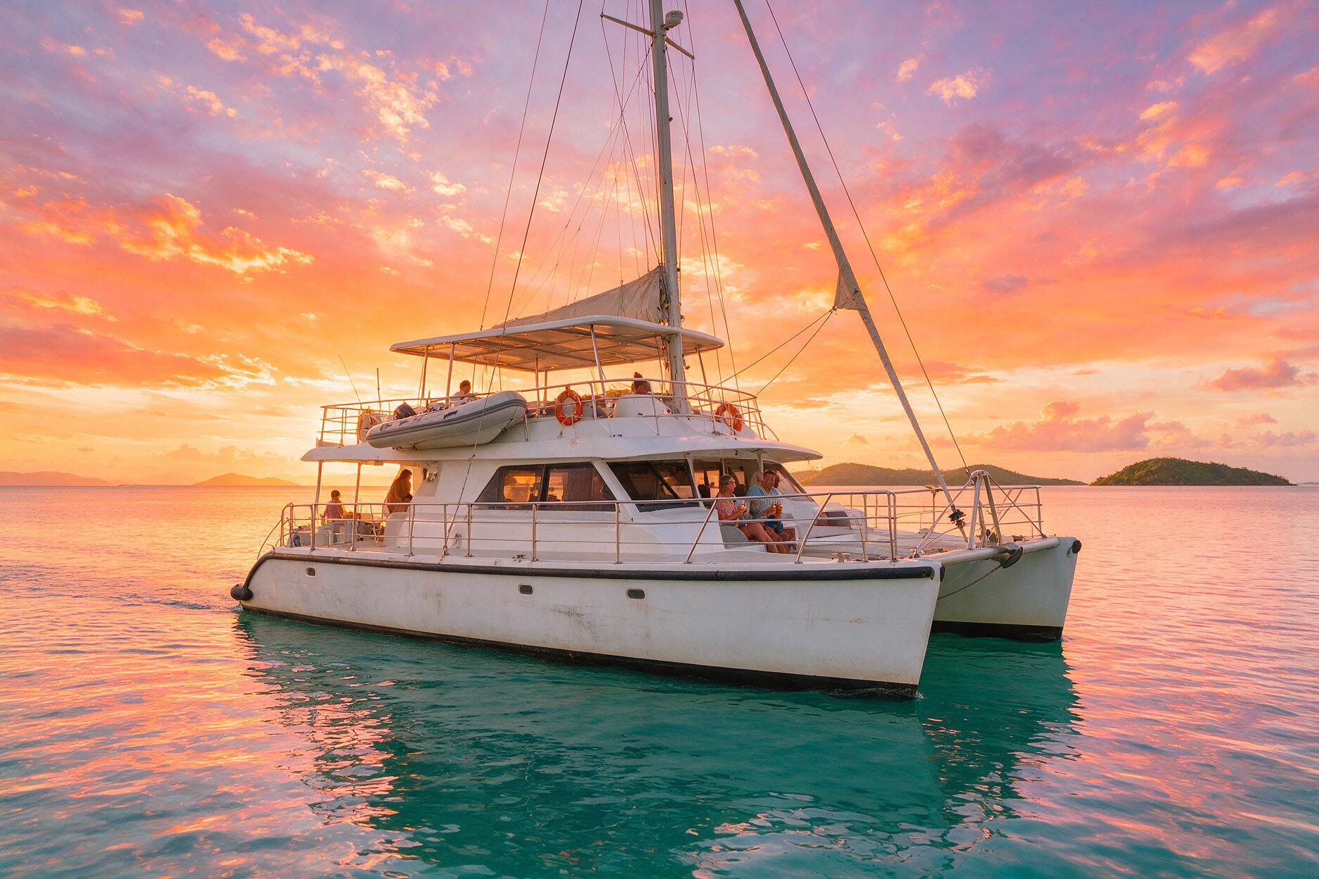 Sailing catamaran silhouetted against an orange sunset sky on the Coral Sea near Port Douglas
