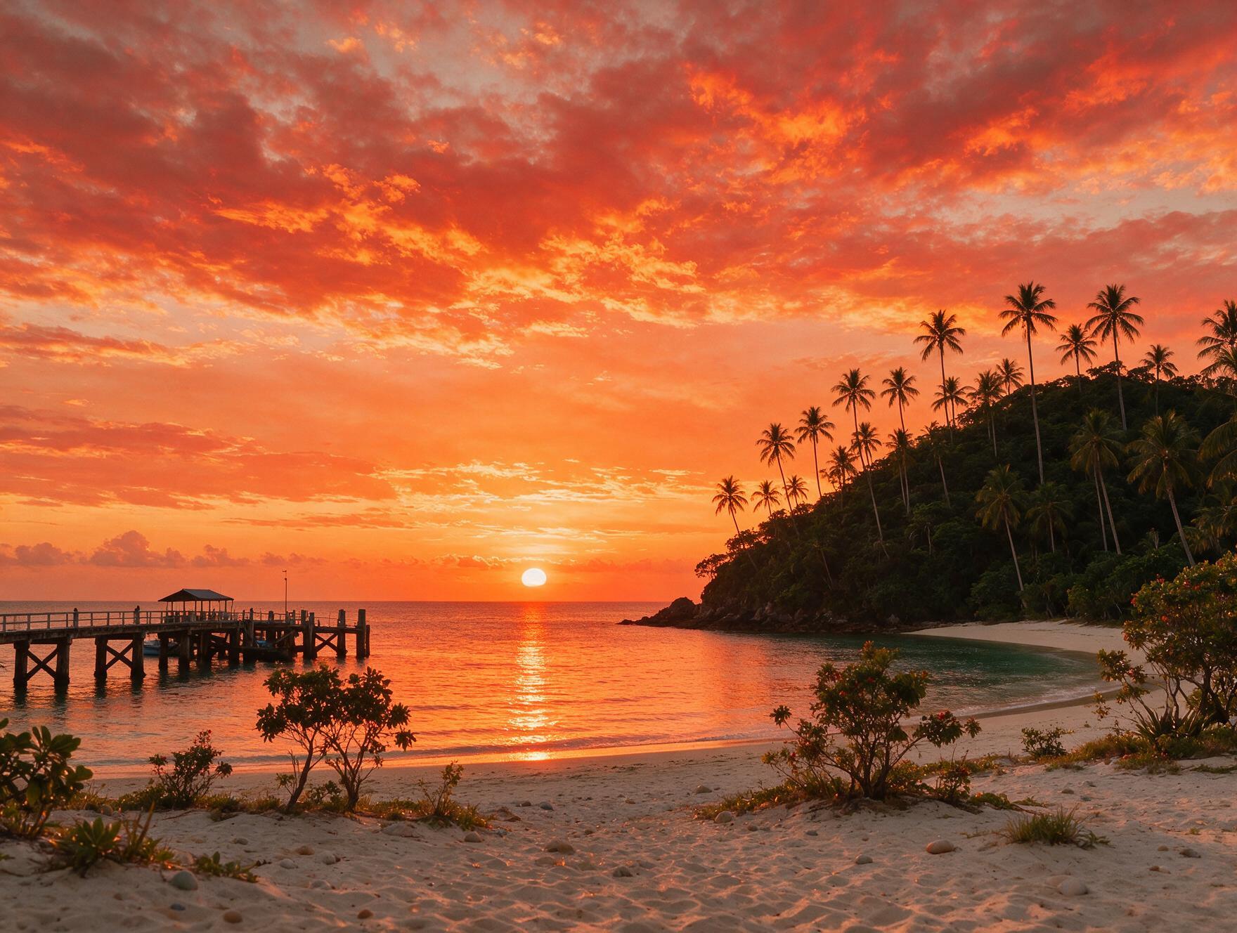 Silhouette of a Whitsunday island at sunset seen from the Airlie Beach waterfront with a jetty in the foreground
