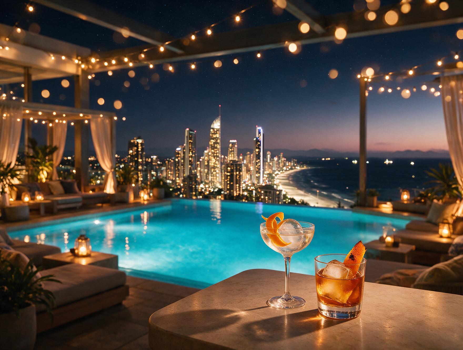 Elegant rooftop bar overlooking the Gold Coast skyline with an infinity pool and cocktails in the foreground