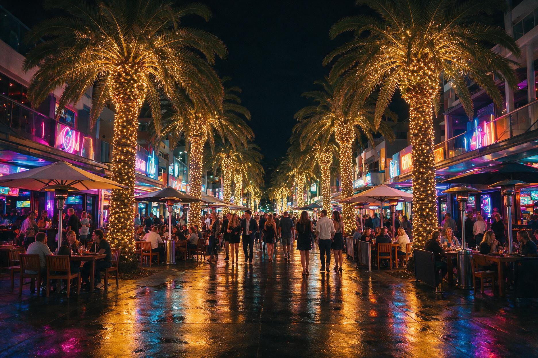 Orchid Avenue in Surfers Paradise lit up at night with bars, neon signage and evening crowds