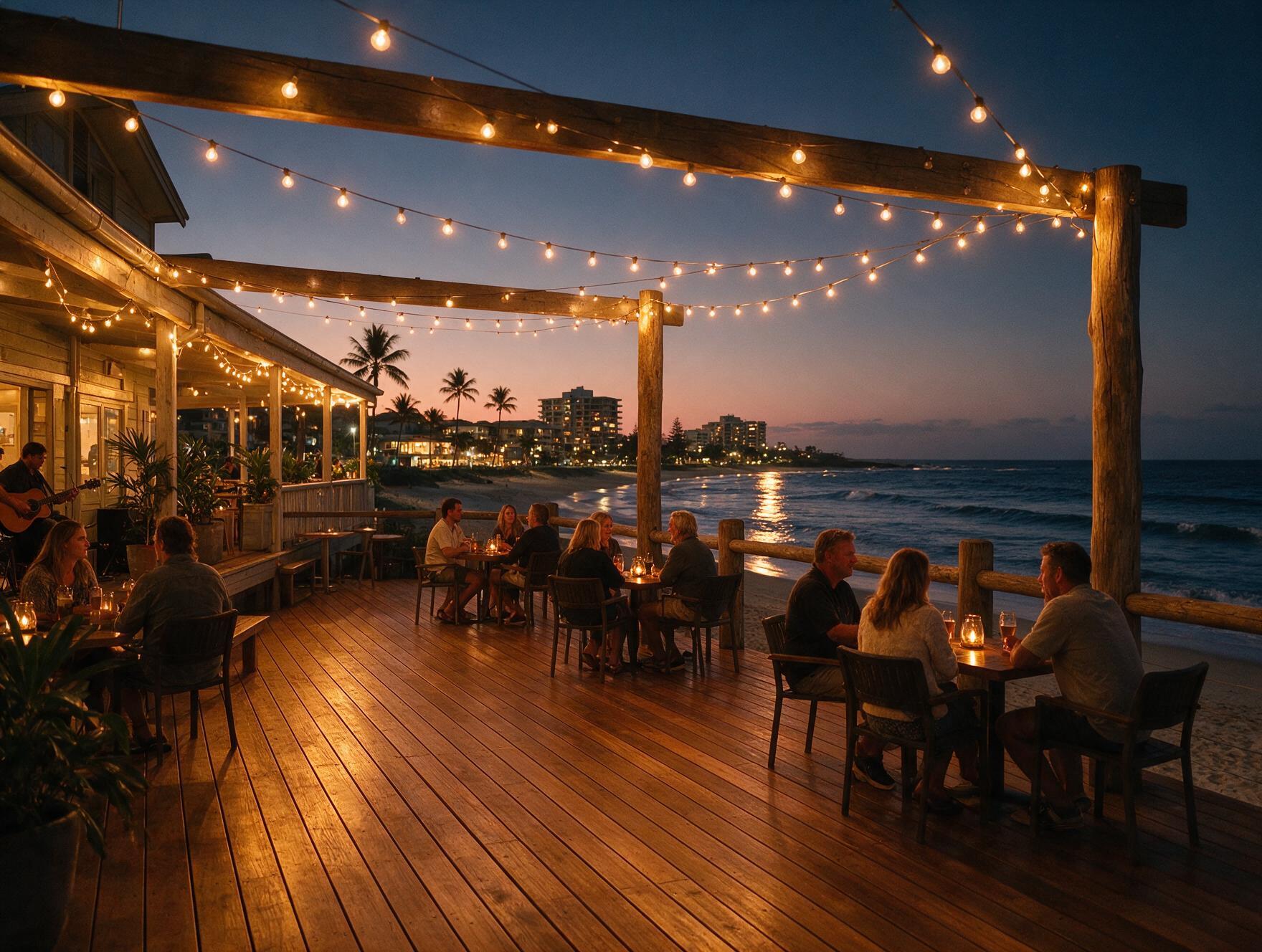 Beachfront surf club deck at dusk on the Gold Coast with string lights and live acoustic music