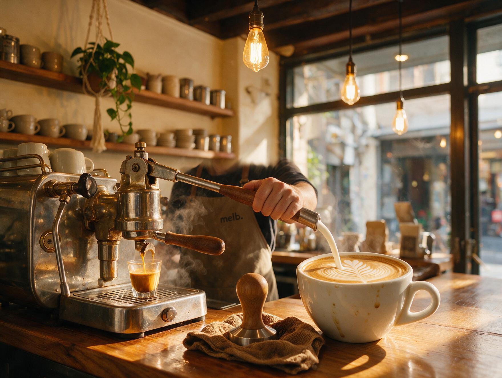 Barista pulling an espresso shot and pouring latte art at a small Melbourne laneway espresso bar